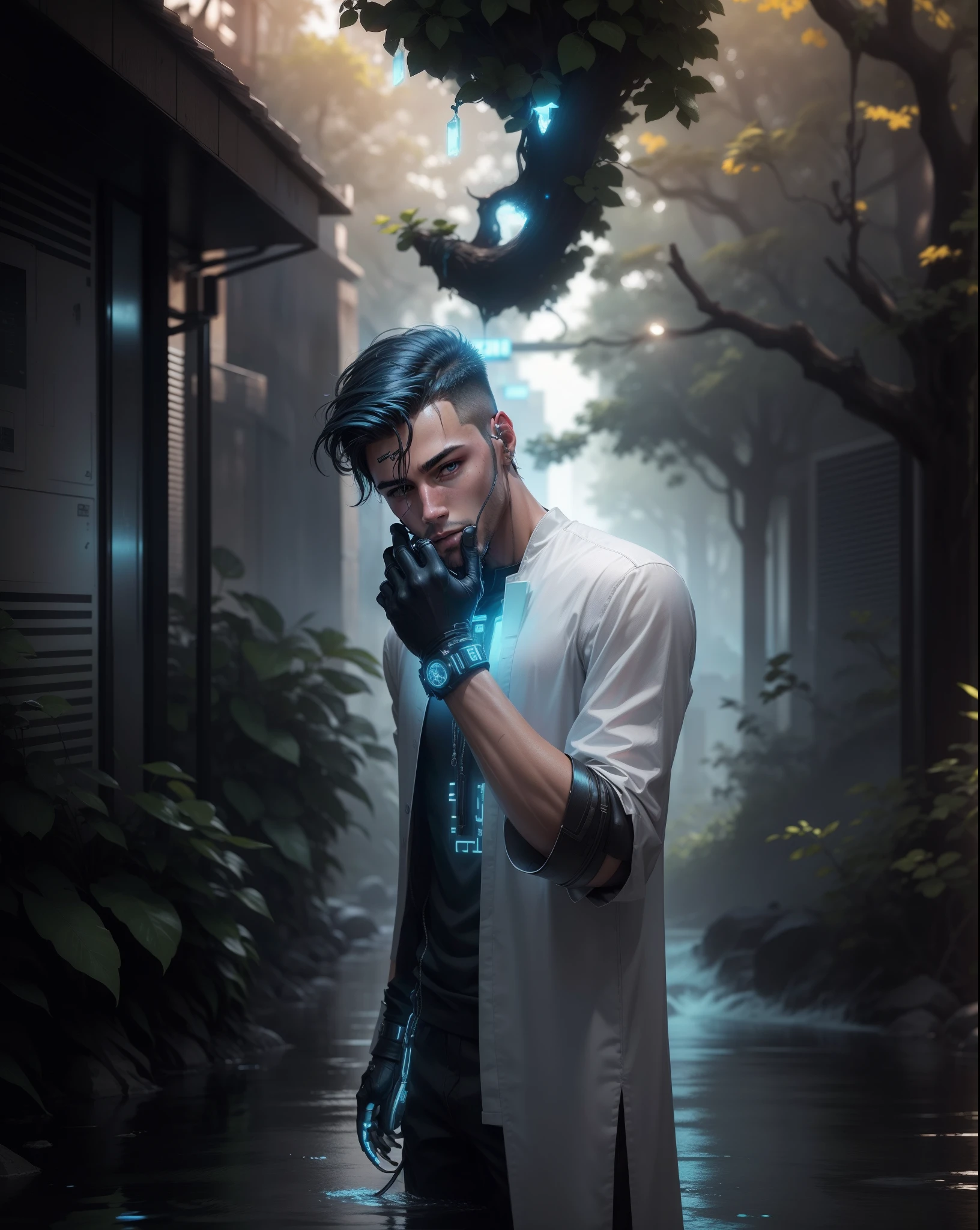 Change background like water flow and realistic natural with handsome cyber punk boy, 8k ultra realistic