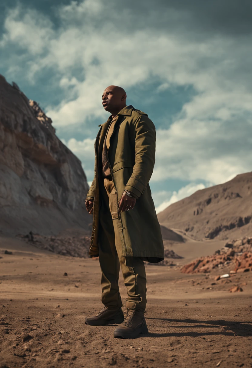 A pumped-up bald Negro in a calfskin jacket and military pants salutes against the background of the developing Russian flag.