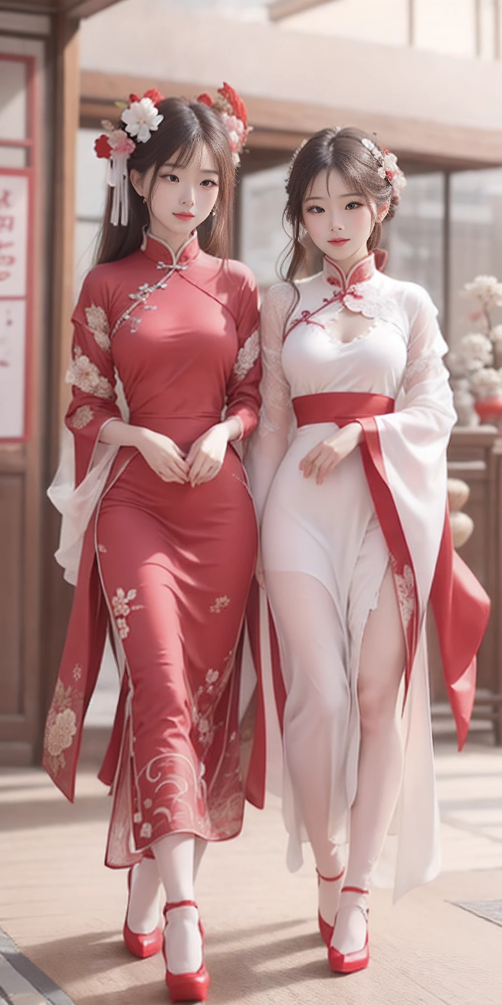 Chinese Ghost Festival,Middle Metaverse,The mysterious aura of ghosts,Photo close-up of two chinoiserie women, Cheongsam, Chinese dress, intricate fantasy dress, intricate outfits, Hanfu, Elaborate dress, Chinese costume, intriguing outfit, flowing sakura silk, white and red dresses, full-body xianxia, Robe. extremly high detail, wearing fantasy formal clothing