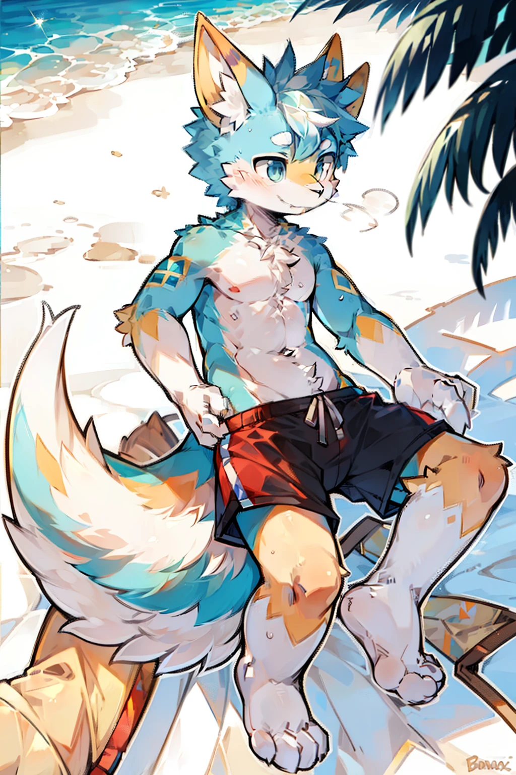 sandbeach，bright sun，swim trunks，Long tail