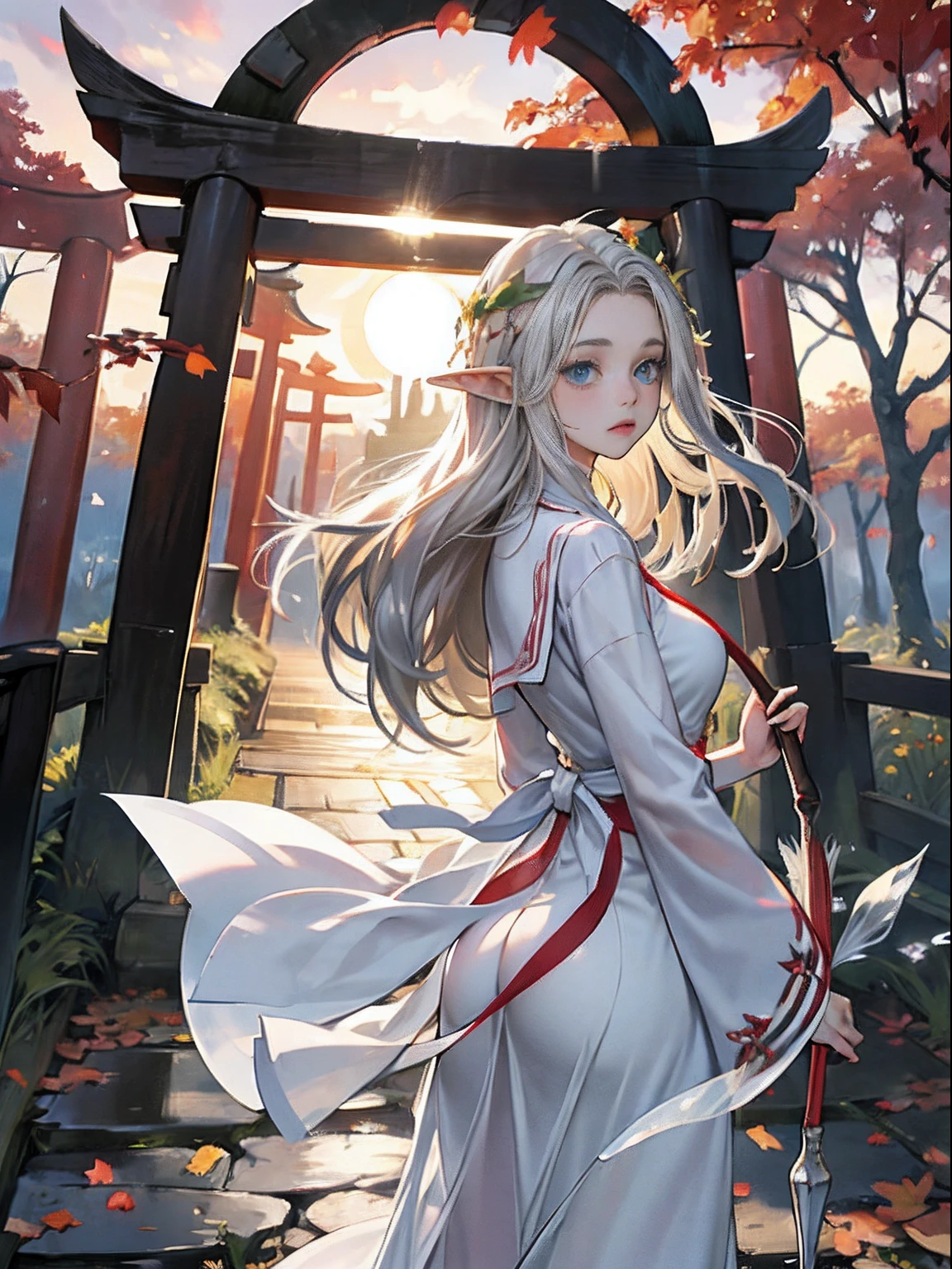 Mysterious sunset、Elves in priestess uniforms、Torii gate of the shrine、maple trees、Colored leaves、Falling leaves flutter、Elven Priestess、shrine maiden clothe、ears are pointed、Shooting from an angle、Hair fluttering in the wind、Raking up your hair、Wet white dress、wetted skin、Colossal tits、sensual breasts、 Hi-Res、Shaded face、Blue eyes、Ash gray hair、Sunset from behind