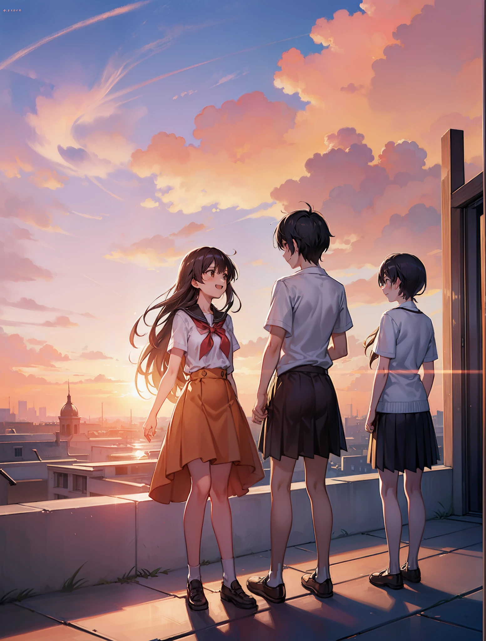 Create exquisite illustrations reminiscent of Makoto Shinkai's style, It has ultra-fine details and top-notch quality.　Create captivating illustrations that encapsulate the captivating essence of nostalgia, Featuring a group of students on the roof of a school, Everyone smiles as they gaze at the mesmerizing sunset. The sun hangs low in the sky, Warm golden glow、Light up the scene with a dreamy atmosphere. Sunset dyes the sky a breathtaking orange, Pink, and purples, Create vibrant color panoramas that blend seamlessly in. The happy expressions of the students were::::、Reflects the awe and amazement when sharing this wonderful moment. Pay close attention to detail, Sunlight dancing in the face、Emphasize the interplay of light and shadow、Enhances the texture of the surroundings. Your job is、Not only captures the serene beauty of the scene、It is about creating images that stimulate the imagination, Invite viewers、Have a meditative and magical experience with these students. Through your artistic mastery, Turn your rooftop into a canvas of nostalgia and wonder, Where shared views of the sunset foster a deep connection with friendship and fleeting beauty of the moment.