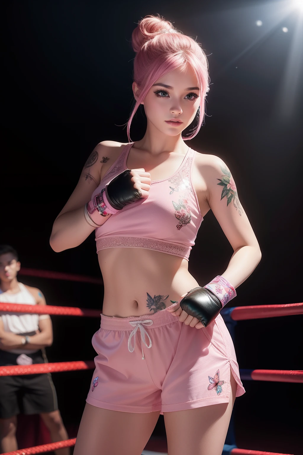 18year old Bollywood supermodel gorgeous face girl, ((top-quality)), ((masterpiece)), (high-detail:1.3), (upper body), (((front view))), Beautiful face (smiling:1.3), (naked:1.2!), ((woman wearing pink sports bra and pink boxing trunks)), ((studded dog collar)), ((sweatbands)), ((pink leather boots)), ((pink hairband)), (((gigantic breasts))), Slim waist, small buttocks, (Indian beauty), superfine illustration, exaggerated hair, ((long hair with bangs)), (no bra!), ((barechested!), boxing ring!, ((tattoo)), (((cuts and grazes on skin))), ((fighting stance!)), ((fists held in front of body)), ((angelic face)), ((neon signs))