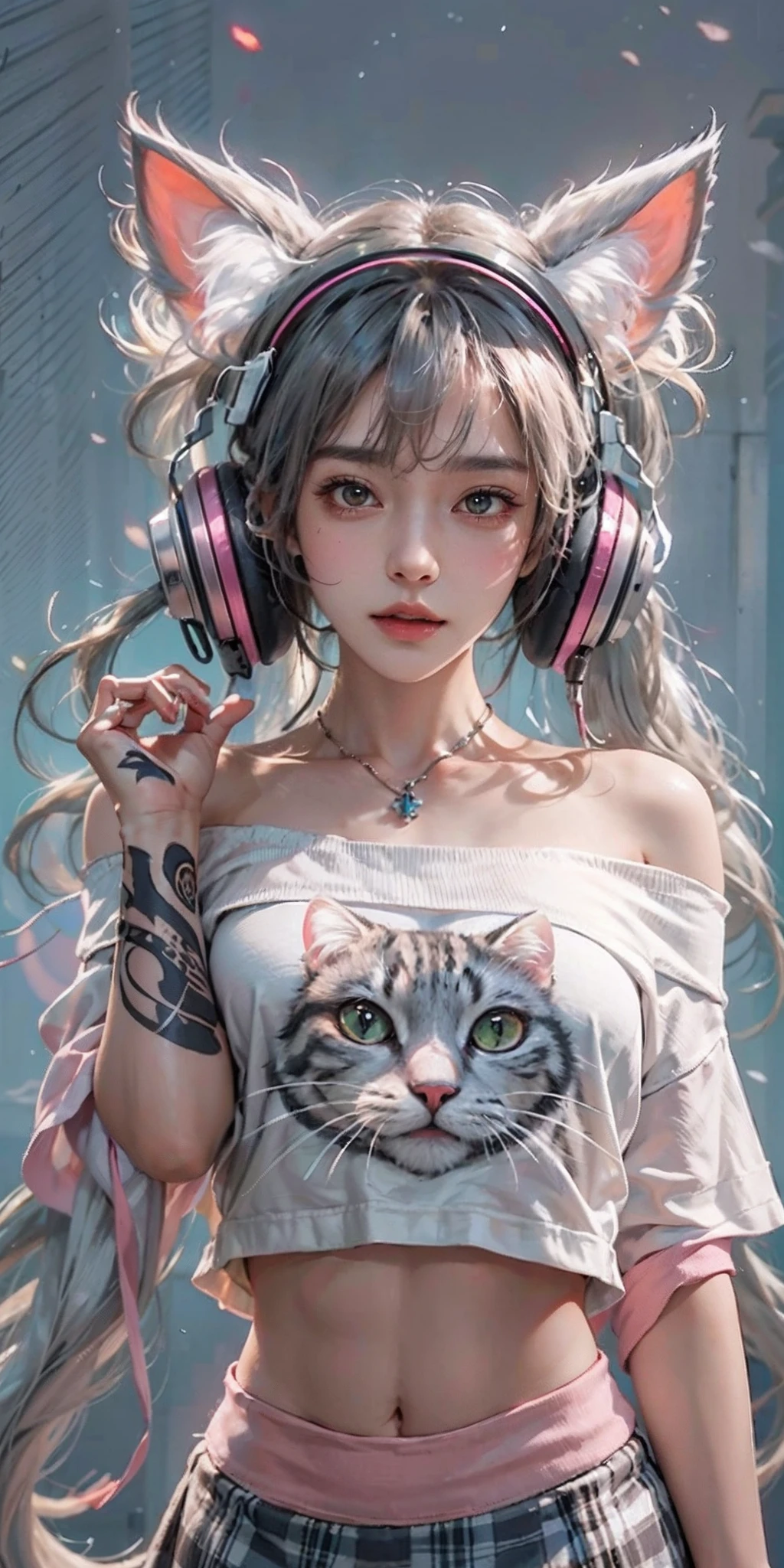 photorealistic, high resolution, soft light,1women, audult, solo, hips up, shining skin, (detailed face), jewelry, tattoo, cute girl, pink headphone, cat ears on headphone, gamer, t-shirt, off-shoulder, skirt