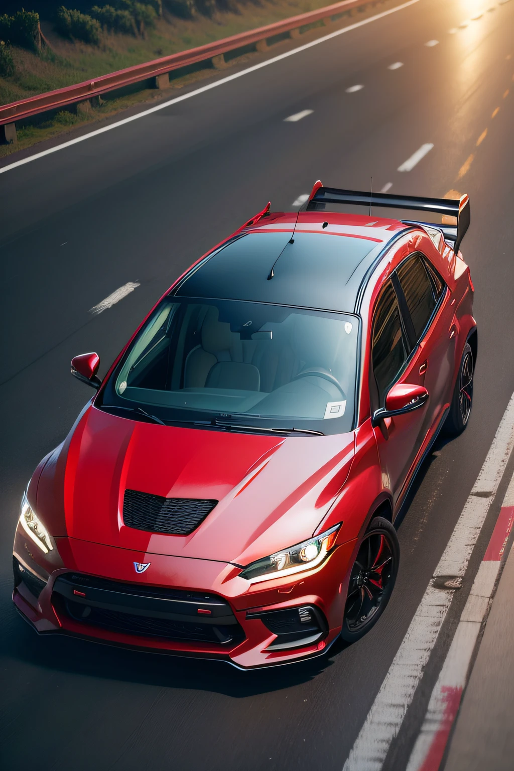 cria um carro de corrida vermelho em uma autoestrada a fazer uma corrida de noite na china