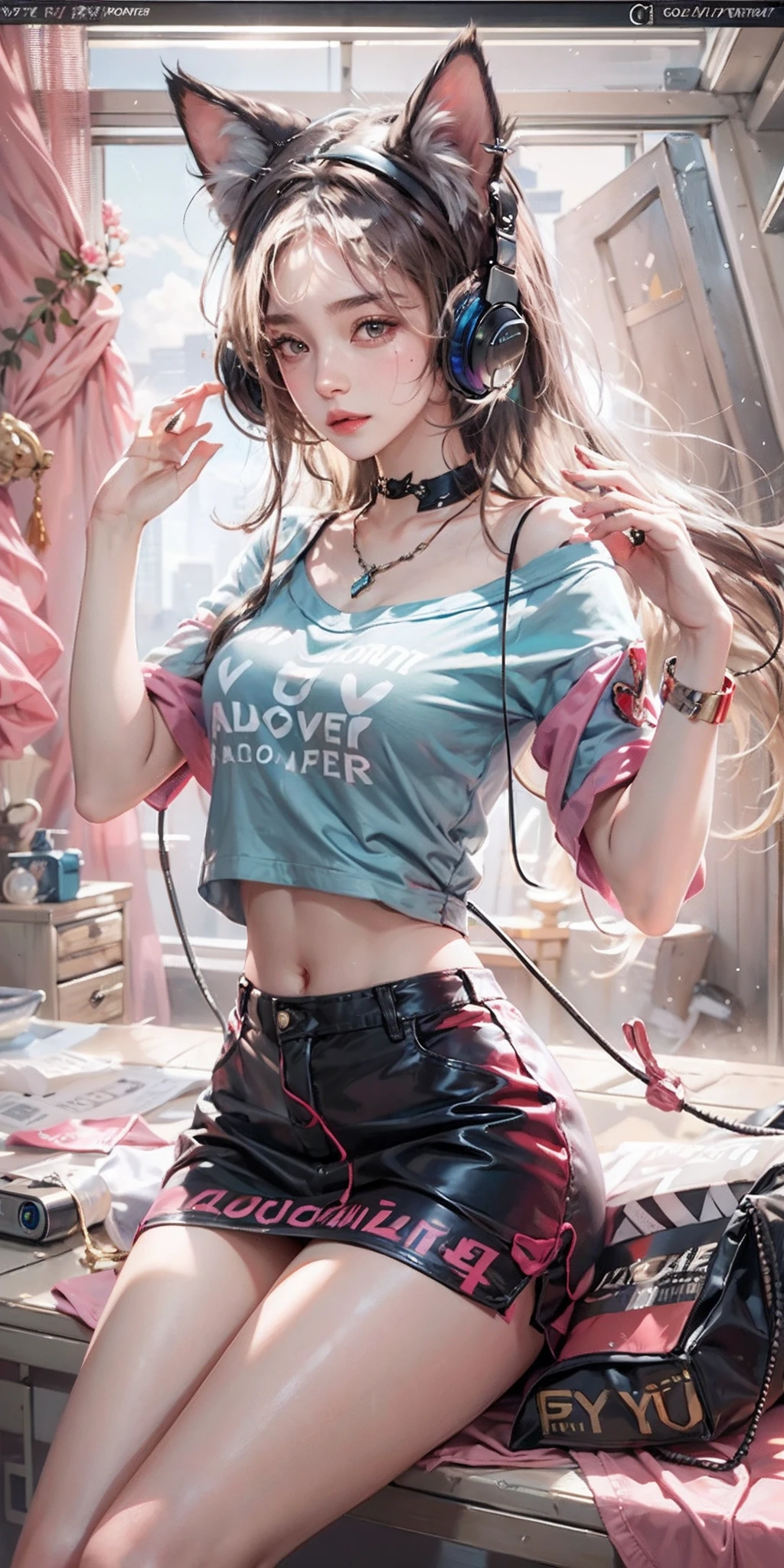 photorealistic, high resolution, soft light,1women, audult, solo, hips up, shining skin, (detailed face), jewelry, tattoo, cute girl, pink headphone, cat ears on headphone, gamer, t-shirt, off-shoulder, skirt