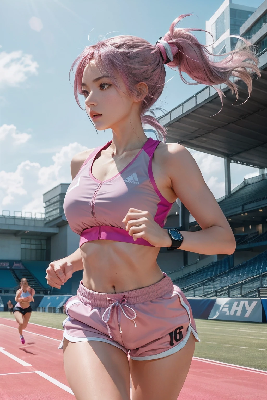 1 girl, solo, running, Gray Track Top, pink shorts, ponytail, athletic build, dynamic brushstrokes, fluid movement, capturing the essence of her athleticism and energy, using light colors and soft tones to create a dreamy and ethereal atmosphere, portraying the motion and grace of running, showing the wind blowing her ponytail and clothes, and the scenery of her surroundings.
outdoors, detailed background, Modern metropolis,