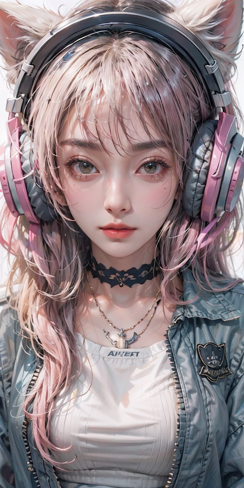 masterpiece, 1 beautiful girl, Detailed eye, Swollen eyes, top-quality, 超A high resolution, (reality: 1.4), 电影灯光, japanes, a asian beauty, very extremely beautiful, lovely、Beautiful skins, A slender, Forward-facing body, (A hyper-realistic), (hight resolution), (8K), (ighly detailed), ( Best Illustration), (beautifully detailed eyes), (ultra-detailliert), 详细的脸, Bright lighting, Professional Lighting、The background is a cyberpunk room with many monitors..............、The cord is connected from the costume、Long Hair Color Pink、headset on head、small tattoo on face、nffsw、gazing at viewer