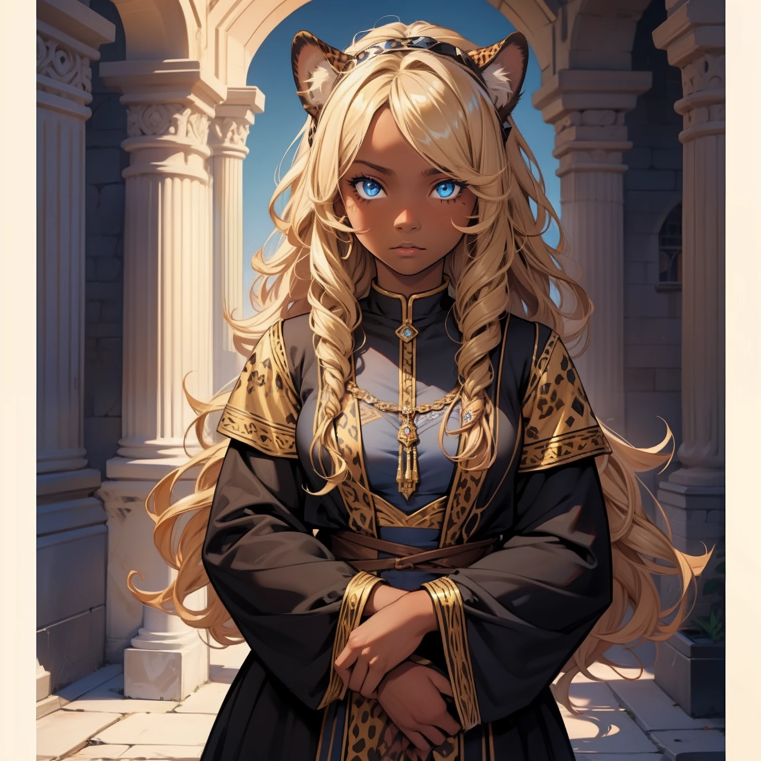 Dark Skin girl. Leopard girl. Blue eyes. Blond hair. Dark skin girl. Medieval art. Curly Hair. Curly Blond Hair. Alone. DARK SKIN. Leopard Ears. Kid