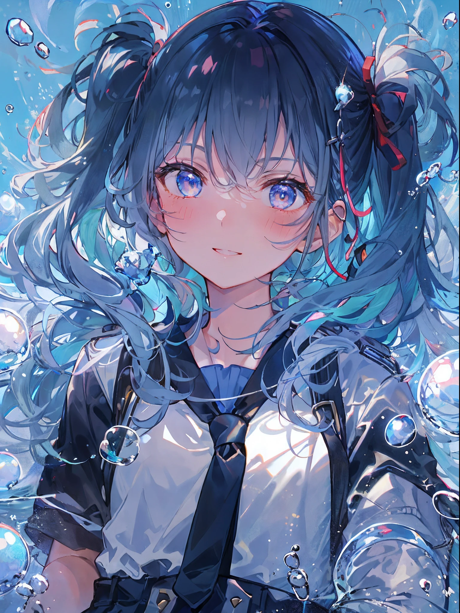 ((top-quality)), ((masterpiece)), ((ultra-detailliert)), (extremely delicate and beautiful), girl with, 独奏, cold attitude,((Black jacket)),She is very(relax)with the(Settled down)Looks,A dark-haired, depth of fields,evil smile,Bubble, under the water, Air bubble,bright light blue eyes,Inner color with light blue hair and dark blue tips,Cold background,Bob Hair - Linear Art, shortpants、knee high socks、White uniform like school uniform、Light blue ribbon ties、Clothes are sheer、Hands in pockets