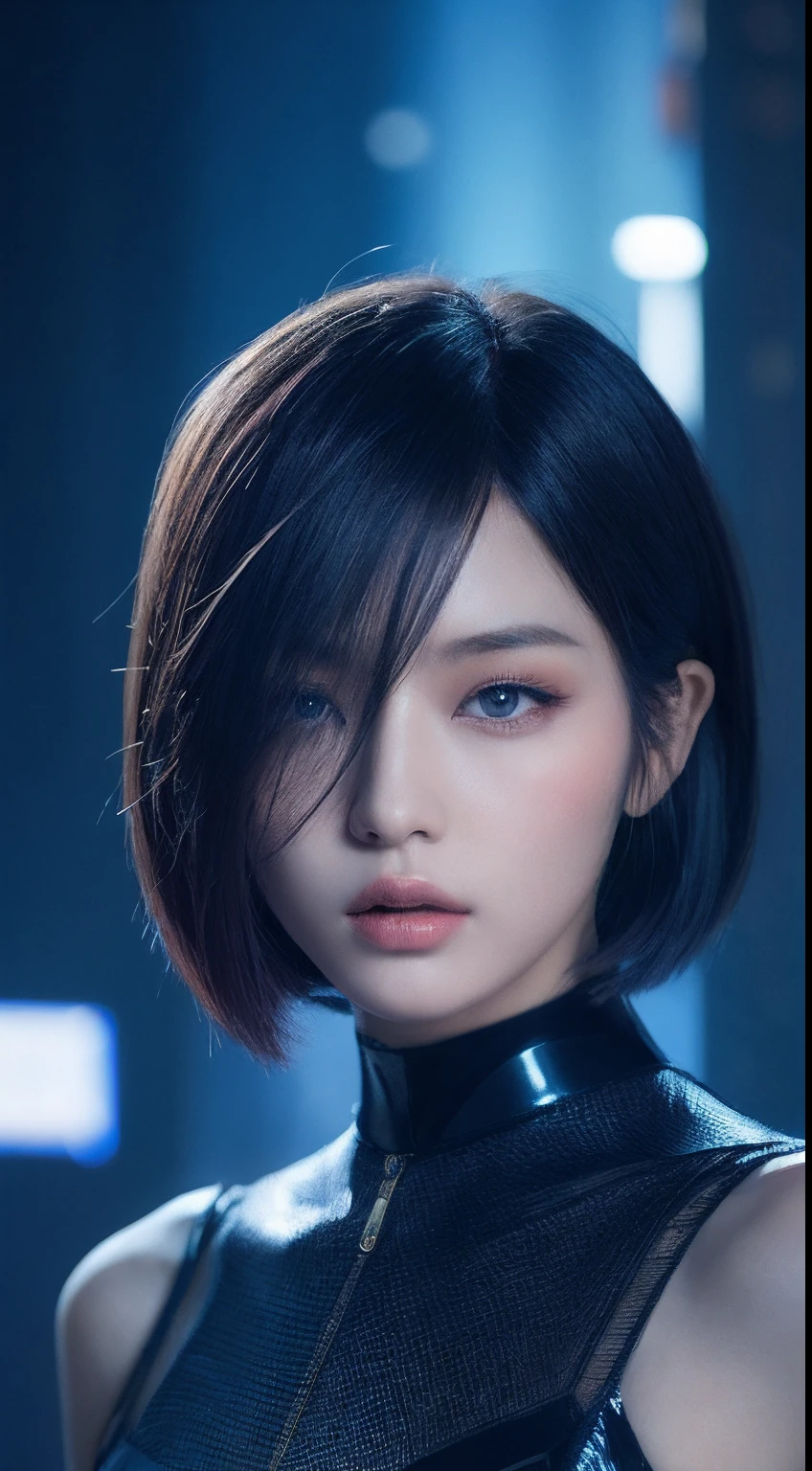 one Japanese model , hair model, Unique short hair details, cyberpunk fashion, Near future , Curvilinear details, double eyelid, plump lips, professional makeup, super blue moon