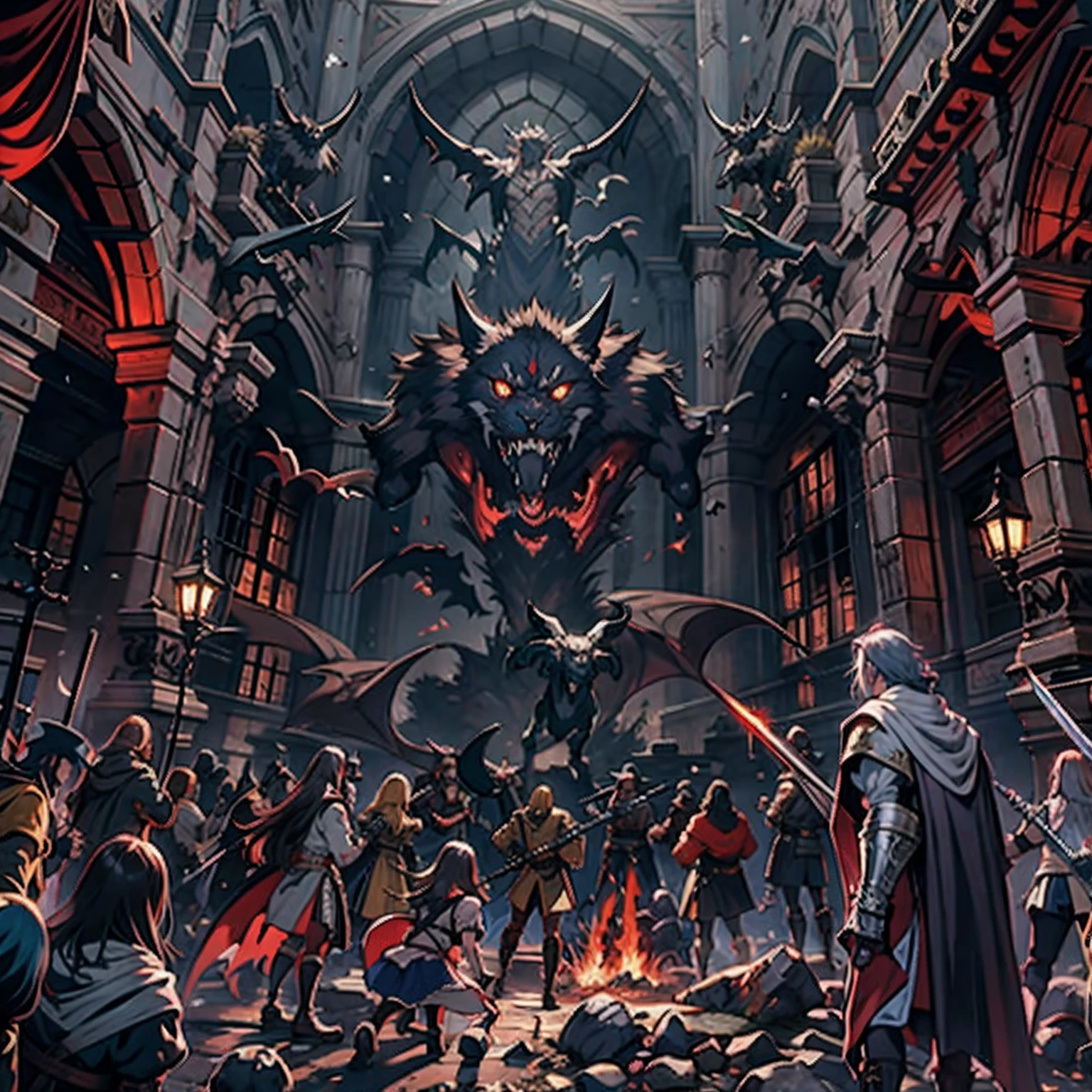 deformed goblins destroying a medieval city, night, bloody, blood, corpses, gore