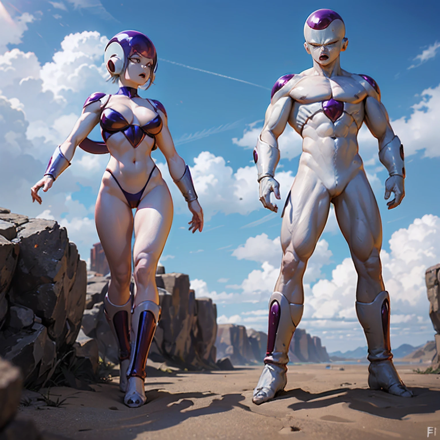 ((Frieza)), Female, woman version, Transformed into final form、dragonball z, Huge breats、battleing、Fighting、action、Beautiful expression、serious faces、Looking down、tail、red eyes、Bruised body、Perfect body、Toned body、full body Esbian、fıt body、abdominals、musculature,