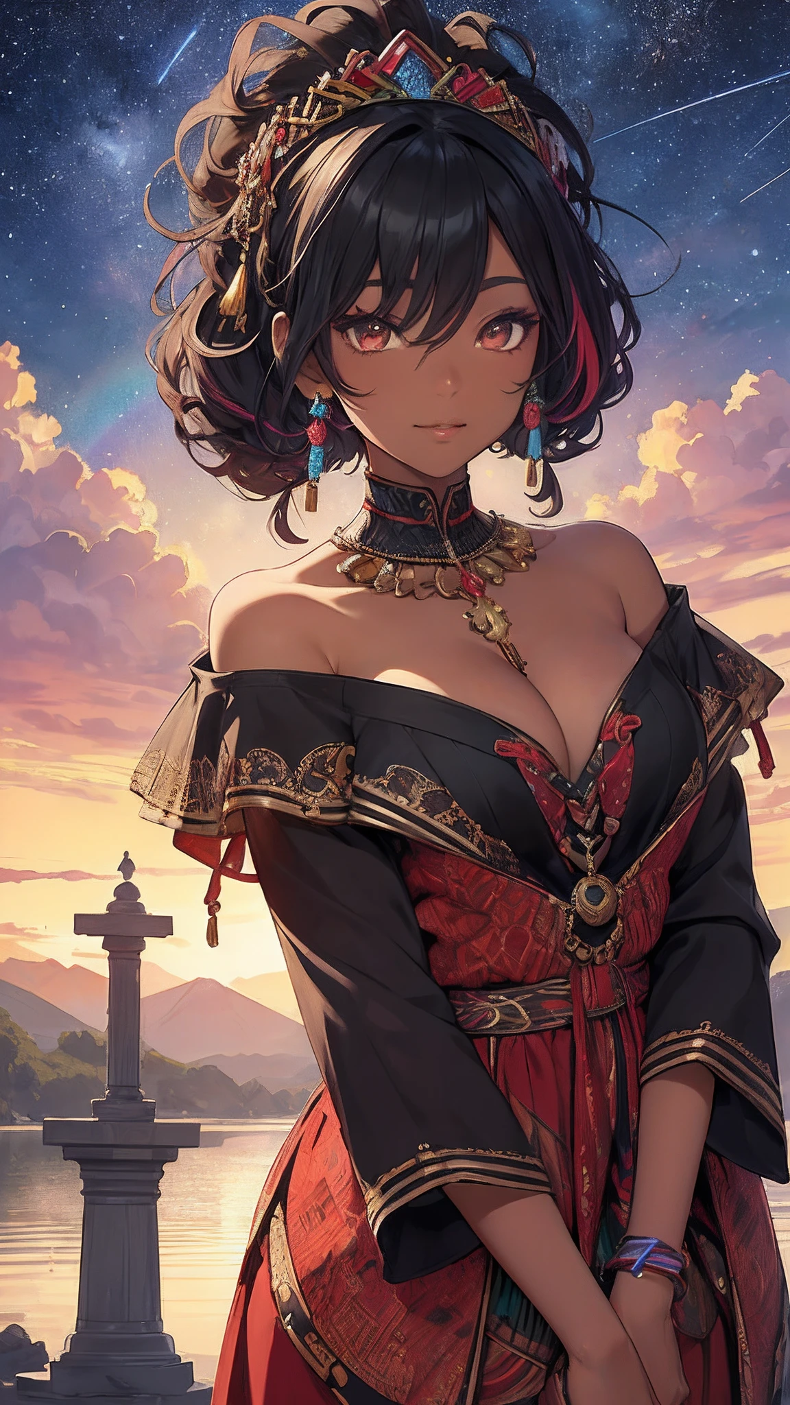 (tmasterpiece、top-quality，Black hair，Be red in the face，looks into camera，Off-the-shoulder attire，Close-up shot、top-quality、Large breasts，cleavage，Africa-centric(afro)、African Americans complete official art、Beautiful aesthetics, dark skin:1.2)、(1girl in:1.3)、(Fractal art:1.3)、The upper part of the body、From the side Side、looking at viewert、patterns、(Rainbow-colored hair、colorfulhair、African ink、​​clouds、starrysky、stone monument、Rough kanji、black-skinned，african man，ssmile，starrysky