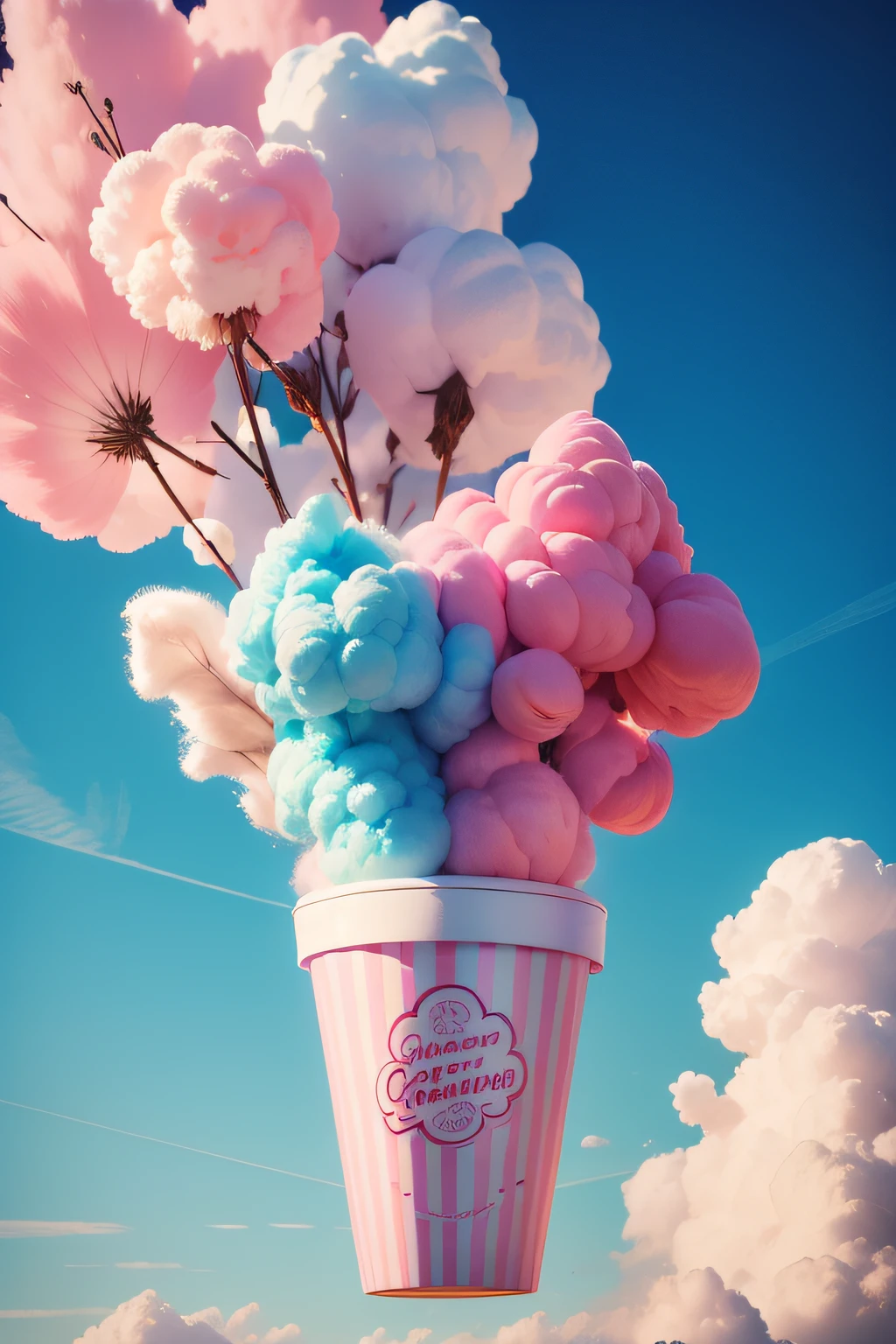 Blue sky with cotton candy and pink popcorn