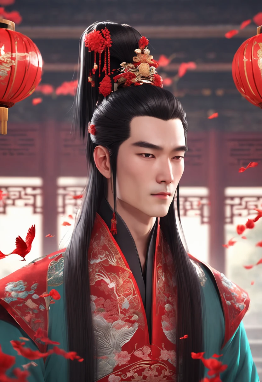 Chinese ancient style handsome man,frontal close- up,facial close-up,black long hair,wearing ancient Chinese red wedding clothes,wedding clothes with patterns,red petals flying in the airthe background is a gorgeous wedding palace,delicate facial
features,details painting,fantasy art,animation aesthetics,HD 8k--ar 16:9--niji5