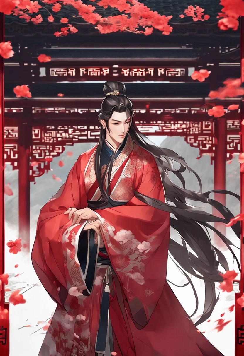 Chinese ancient style handsome man,frontal close- up,facial close-up,black long hair,wearing ancient Chinese red wedding clothes,wedding clothes with patterns,red petals flying in the airthe background is a gorgeous wedding palace,delicate facial
features,details painting,fantasy art,animation aesthetics,HD 8k--ar 16:9--niji5