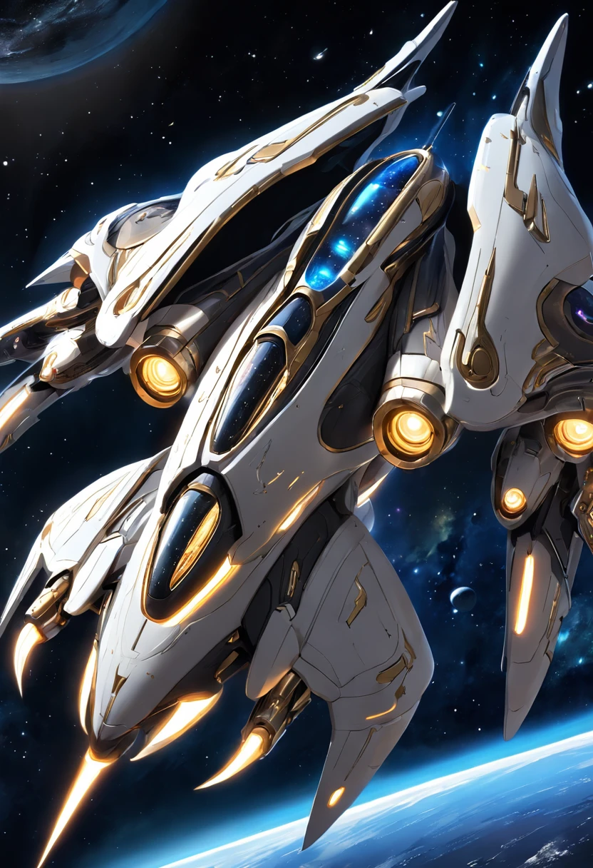 ivory white and gold plated starship like the starcraft protoss, spaceship with two wings flying in the sky at night, dark ( spaceship ), scifi spaceship, cartoon fantasy spaceship, futuristic spaceship, alien space ship flying in space, spaceship far on the background, spaceship in dark space, futuristic starship, detailed spaceship, spaceship, space ship in space, legendary space ship, big weird spaceship, small starship near, space ship, top down view
