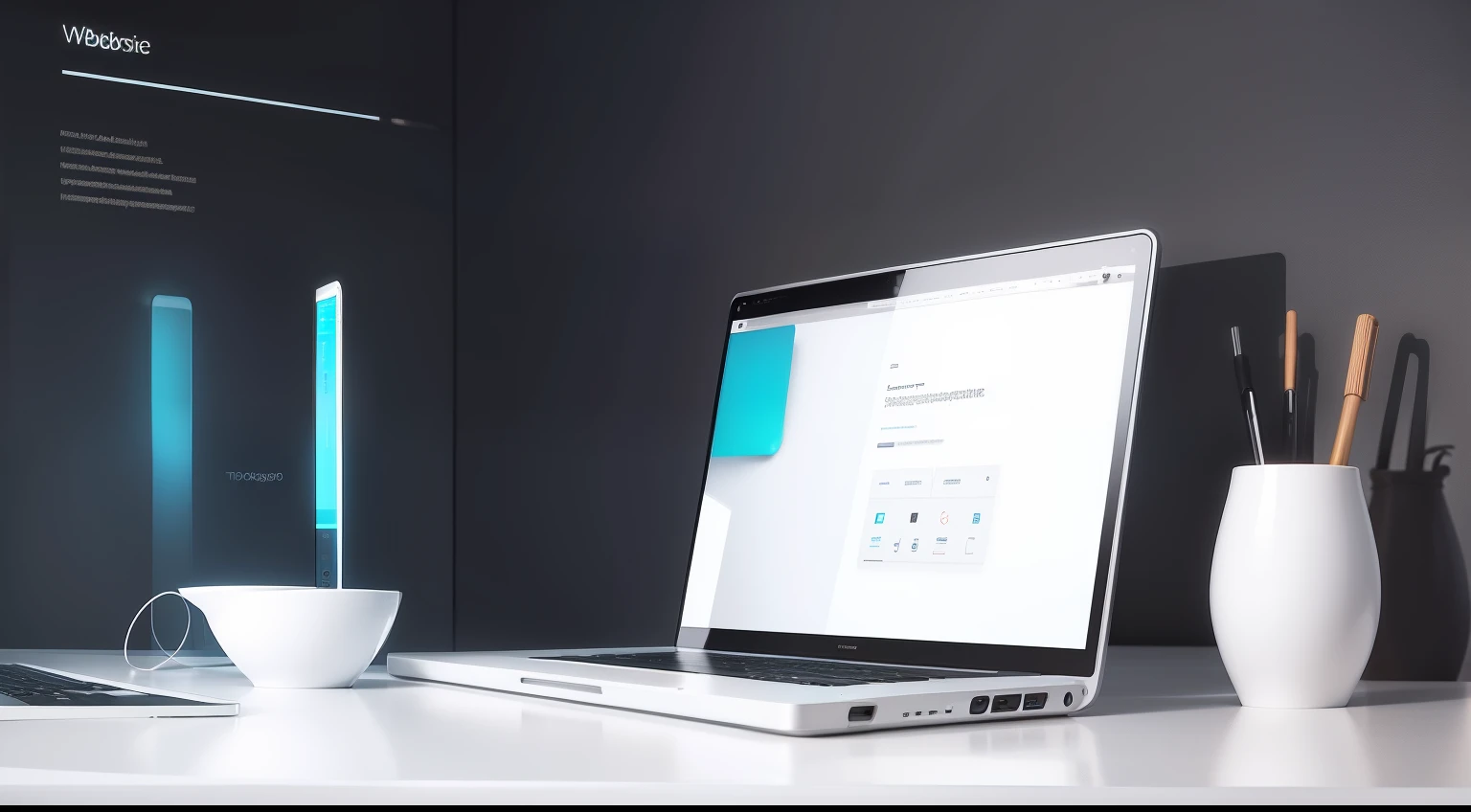 Laptop and Phone, White Room, Web Design, Background Web Browser, Light colors, Futuristic, Artistic, UI/UX, Graphic Design
