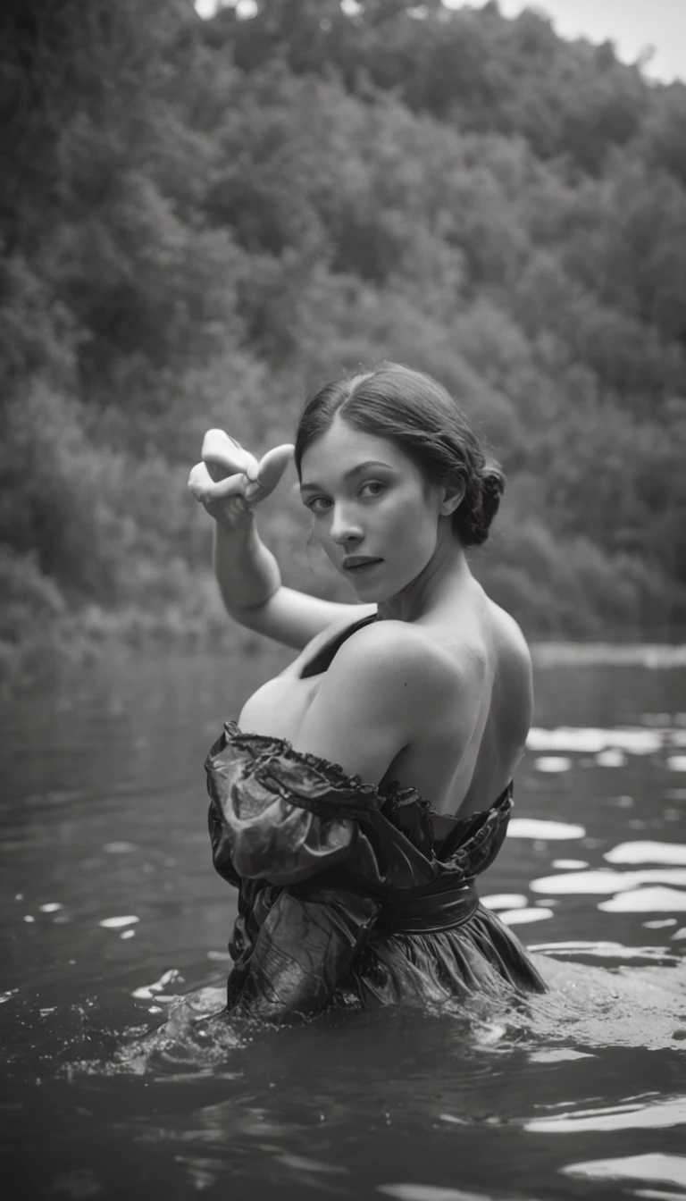 Vintage grainy realistic photo of low quality from the 40s, naked nudist girls in a mountain lake, 40s quality,1940s grain, Poor Quality, worst quality, bw