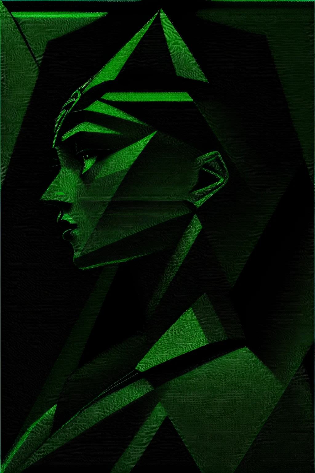 (masterpiece, 4k ,ultra detailed,raw photo:1.2),illustration, (portrait:1.2),(from side:1.2),(looking left:1.2), (simple background,black and dark green background1.4), (art deco:1.4), (minimalism:1.4), (clean:1.4), (flat_color:1.4), (geometric pattern:1.4), (triangle:1.5), CCDDA Artstyle