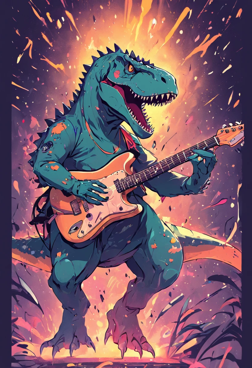 vector t-shirt design ready to print, illustration of a T Rex with electric guitar centered, with music notes floating, STICKER, colorful background, pro vector, high detail, t-shirt design, grafitti, vibrant,Resolution512 x 768pxCreated