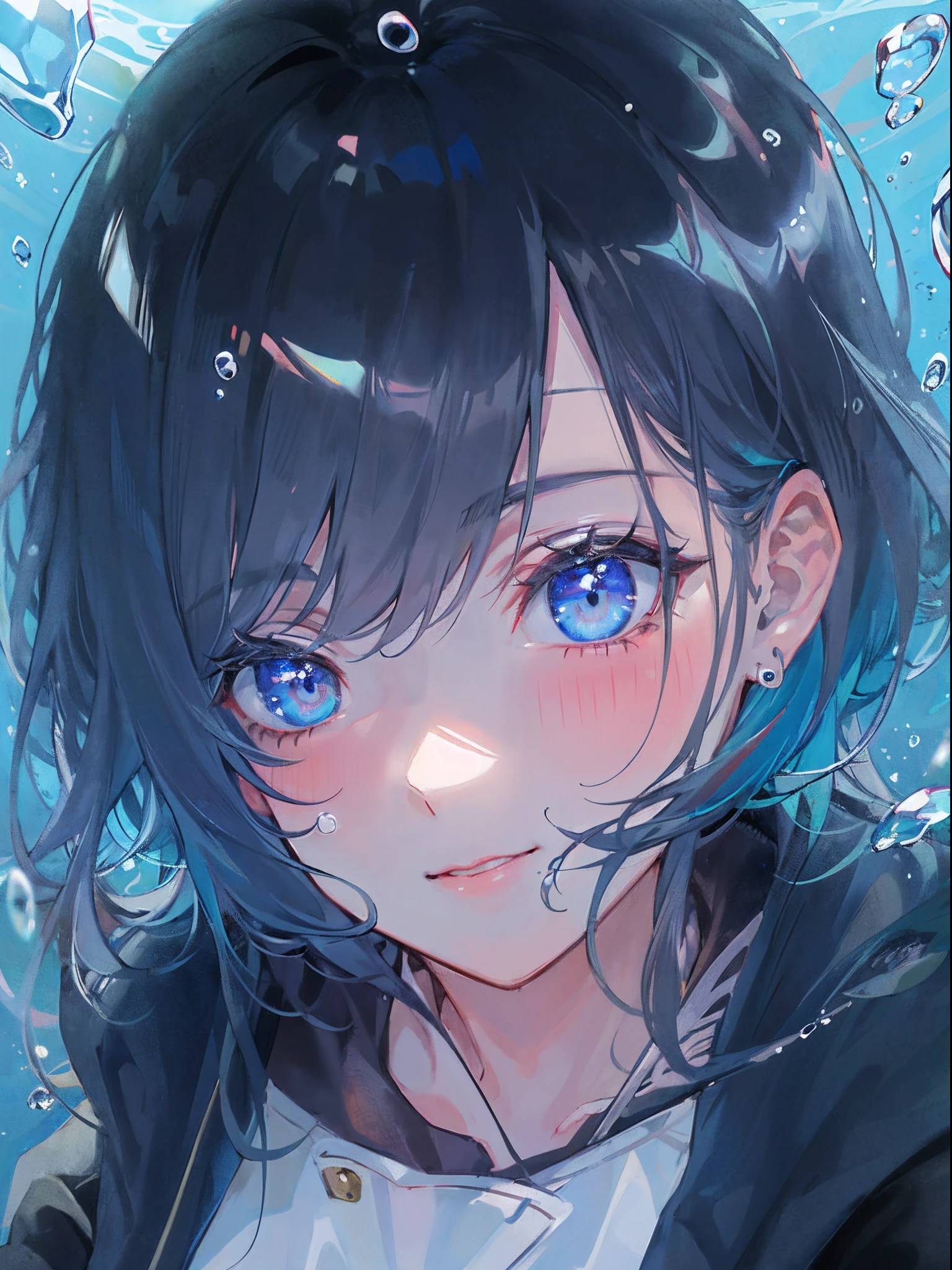 ((top-quality)), ((​masterpiece)), ((ultra-detailliert)), (extremely delicate and beautiful), girl with, 独奏, cold attitude,((Black jacket)),She is very(relax)with  the(Settled down)Looks,A dark-haired, depth of fields,evil smile,Bubble, under the water, Air bubble,bright light blue eyes,Inner color with light blue hair and dark blue tips,Cold background,Bob Hair - Linear Art, shortpants、knee high socks、White uniform like school uniform、Light blue ribbon ties、Clothes are sheer、Hands in pockets