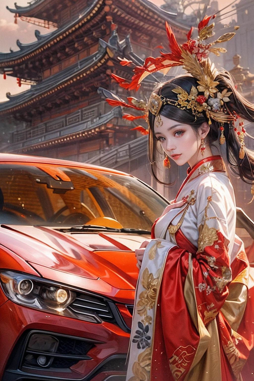 A woman in a red Chinese costume stands next to a supercar,Exquisite phoenix crown,anatomy correct,A detailed eye, 二重まぶた，Whiten skin，delicate patterned，Oriental elements，Ink painting style, Clean colors,Golden space, Soft lighting, ( Bokeh)，Masterpiece, Super detailed, Epic composition, Highest quality, 4K