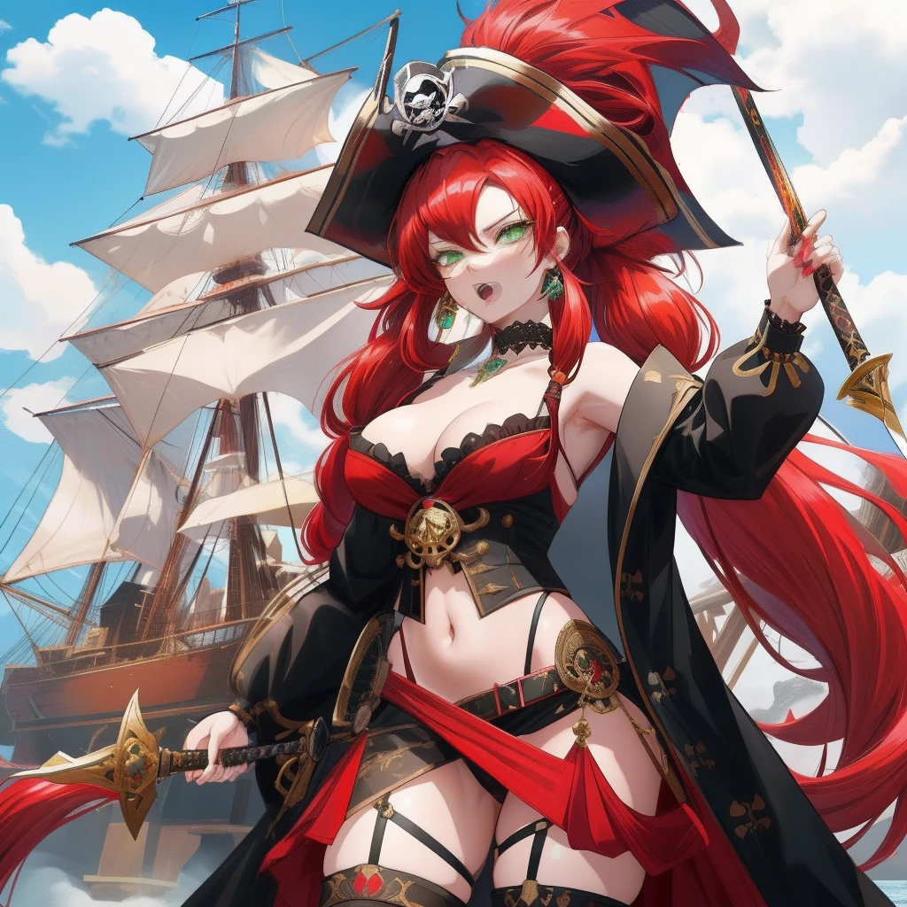 Full body shot, Female asian Irina Shidrou red hair twintails green eyes, in a pirate ship, wearing a pirate outfit and pirate hat and diamond earrings and golden choker, open mouth, holding a sword, frontal shot, side profile shot, rear shot, back shot, behind shot, full body shot, masterpiece, highly detailed, high definition, high resolution,