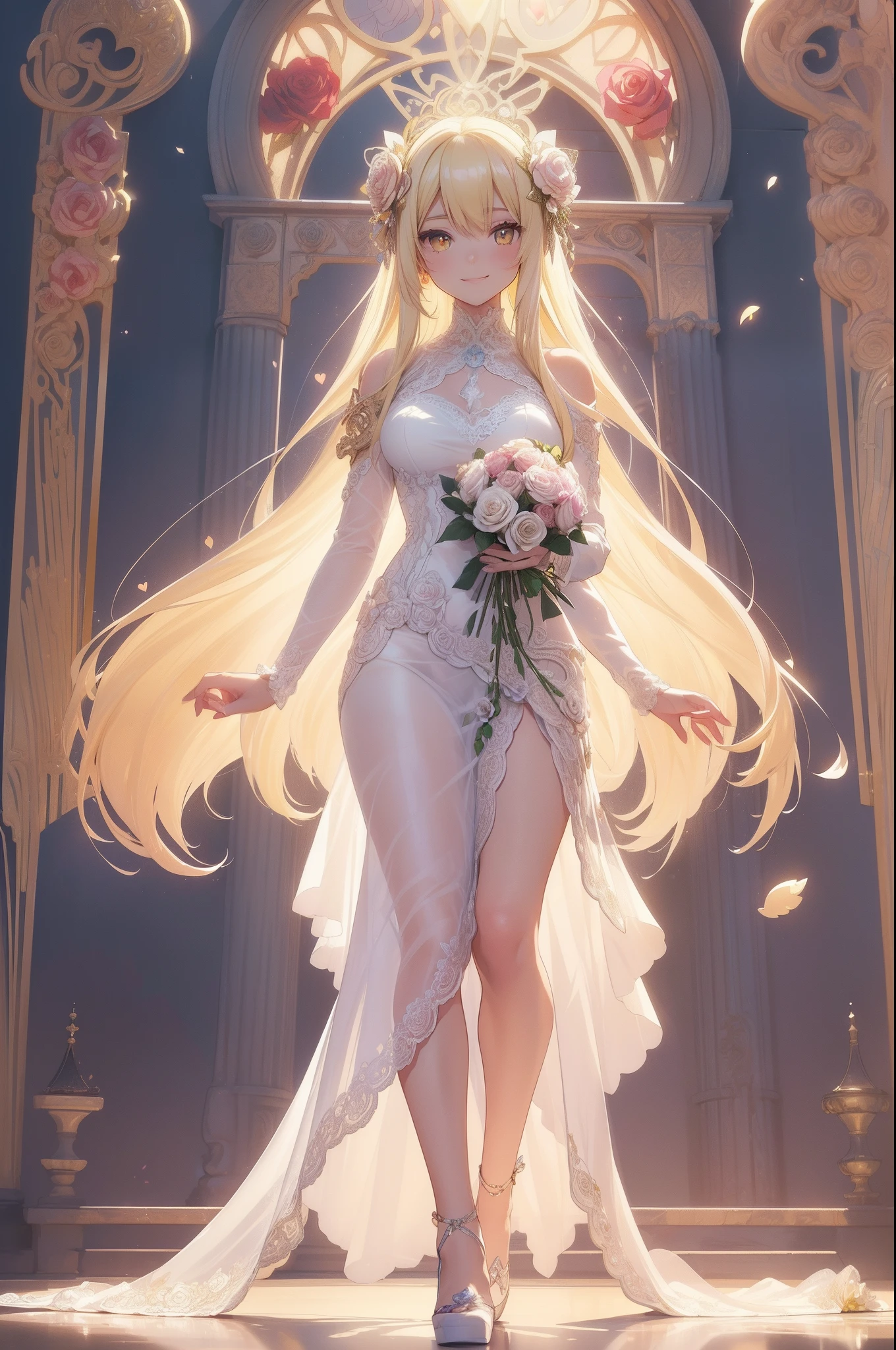 (masterpiece), (Best Quality), (White background:1.4),(a girl, Happy smiling face, Looking to the Viewer, Colorful long straight hair, aliel),(Big yellow crystal eyes), (Long Platina Blonde Straight Hair:1.5), (Art Nouveau illustration:1.4),(Reasonable design, Clear lines, High Sharpness,Best Quality, Very detailed, masterpiece, Movie Light Effects, 8K ), ((rose, rose, rose, having a rose flower heart form bouquet at hand)), ((3D)), Colorful, Falling soft sun rays, Happy, (zen tangle art:1.2), full body, model walking, Paris collection runway,