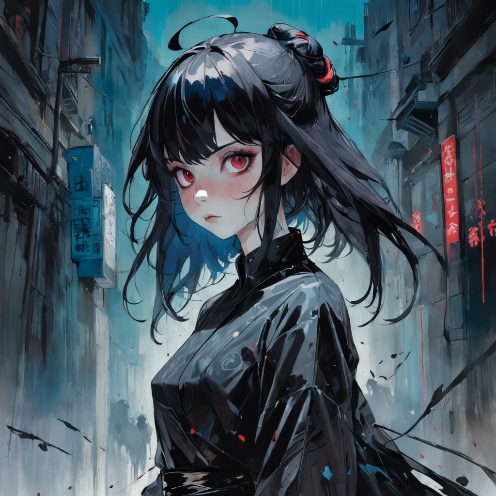 medium shot, full dress, 1woman, solo, walking in citadel, looking at viewer. Gothic. Neogothic. Splatter. In the style of Adrian Ghenie, Esao Andrews, Jenny Saville, Edward Hopper, surrealism, Dark Art par James Jean, Takato Yamamoto, Minimalisme inkpunk. Dans le style de Tim Burton, master piece, chignon (ladies' hairstyle)