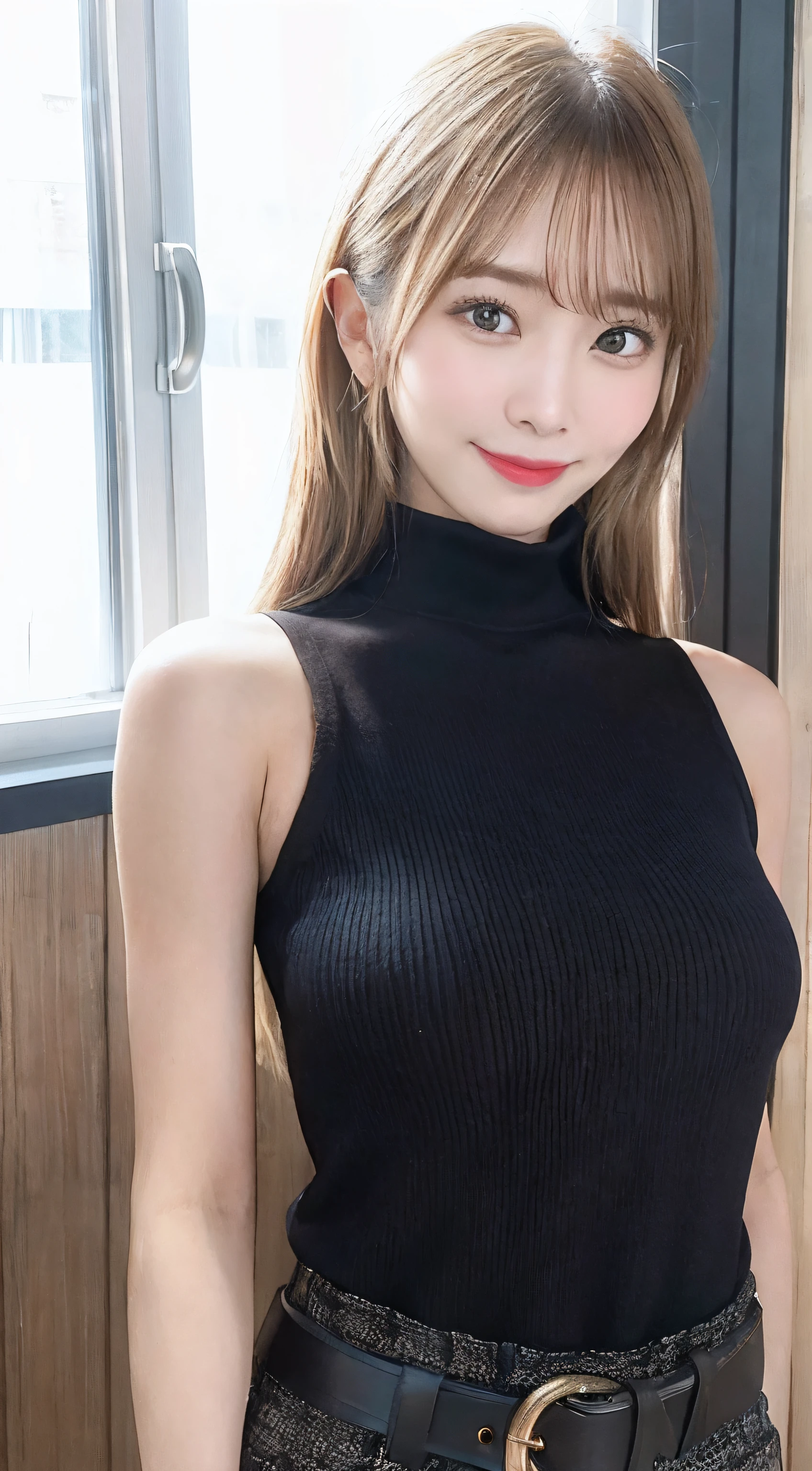 masutepiece, Yuki Tsukumo, 1girl in, Solo, Long hair, Brown eyes, Looking at Viewer, Smile, Blonde hair, Shirt, Bare shoulders, Sleeveless, Belt bag, Pants, Black shirt, window, turtle neck, Backlighting, sleeveless turtleneck, large full breasts,look at viewr ,A smile、cute little、a picture