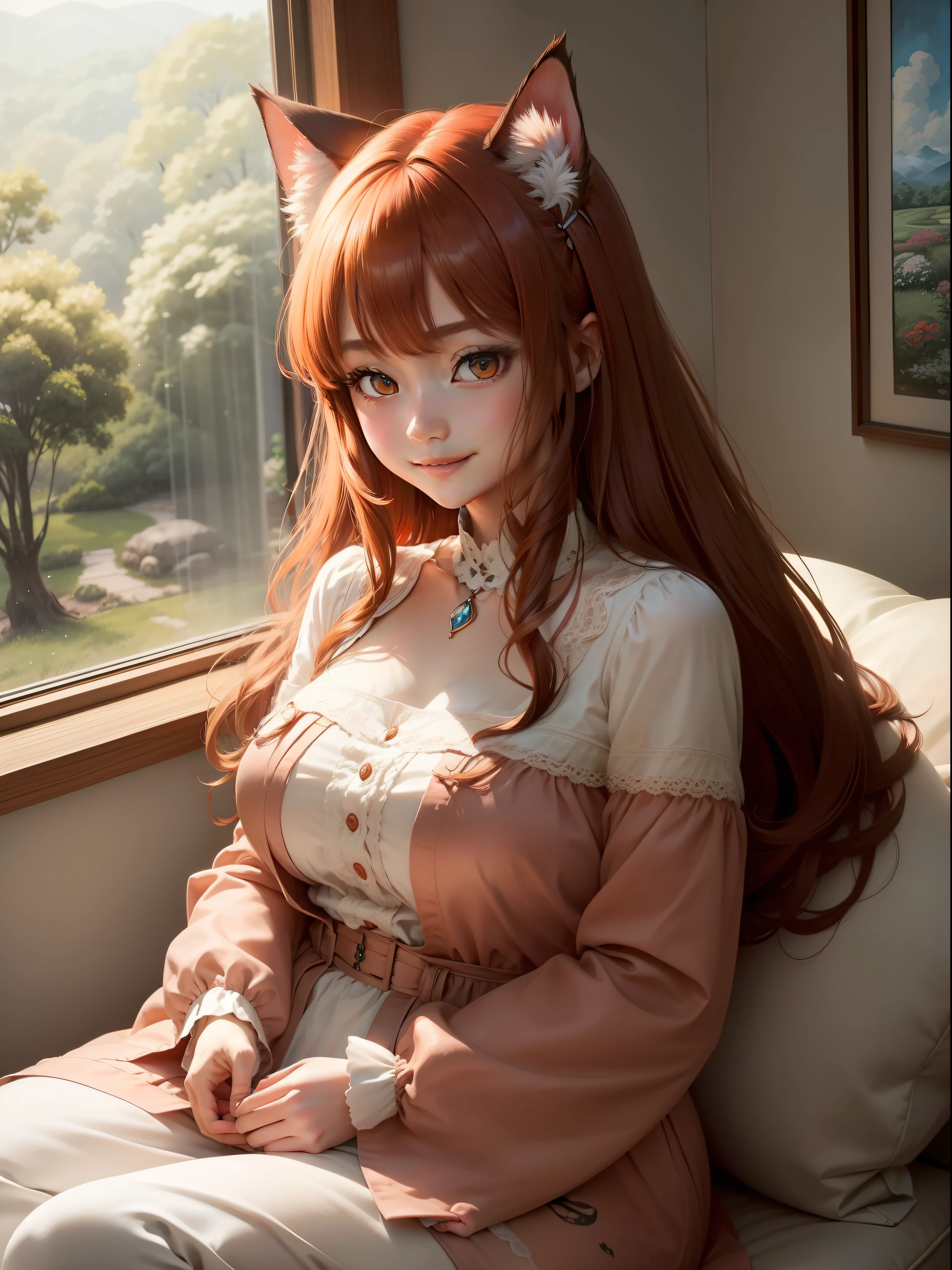 Delicate、(An ultra-high picture quality)、Anime feeling、2-dimensional、((Nature painting))、inside in room、sofa、1人の女性、Adults、Cat's ears、Curvaceous、Mathematical beauty、Warmth、((Dynamism))to、red eyes、red clothing、a smile、The long-haired