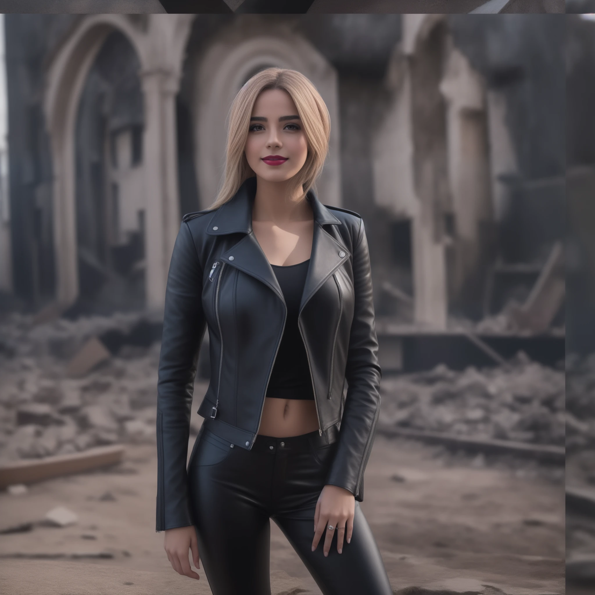 Blonde woman in black leather clothes posing in front of destroyed building, sem alunos, sorriso maligno, red lips, lateralmente, Reflexo da lente, F/16, 135 mm, Nikon, Cinematic lighting, filmic grain, Fujicolor, gothic art, UHD, master part, pele texturizada, super detalhe, Concedido, best quality, 16k