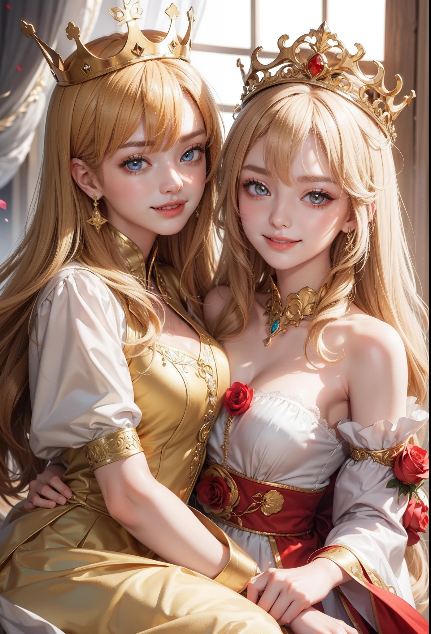 Only the smile of 2 cute girls、duo,Golden eyes、Golden hair、full of roses、crowns、