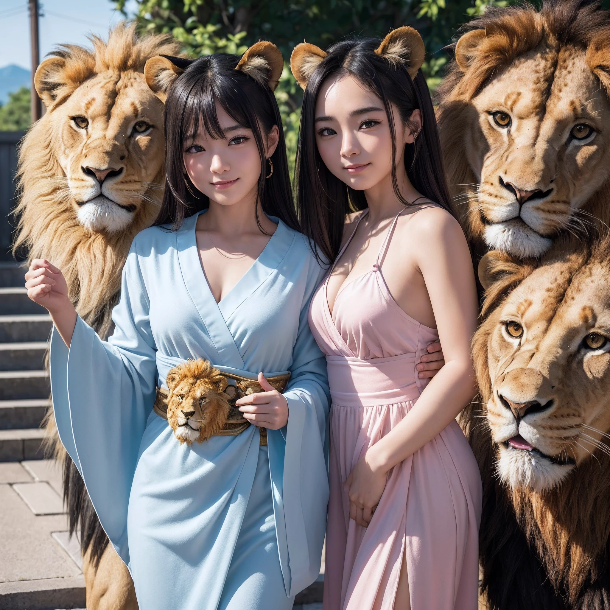 (8K、RAW Photos、top-quality、​masterpiece:1.5)、(realisitic、Photorealsitic:1.5)、ultra-detailliert、超A high resolution、lighting like a movie、(((Idols who love lions)))、(((Japan 16 year old girls)))、(((Wearing a cute costume with a lion motif)))、(A lot of lions:1.5)、cute smile face、Happy and energetic atmosphere、dynamic ungle、动态照明