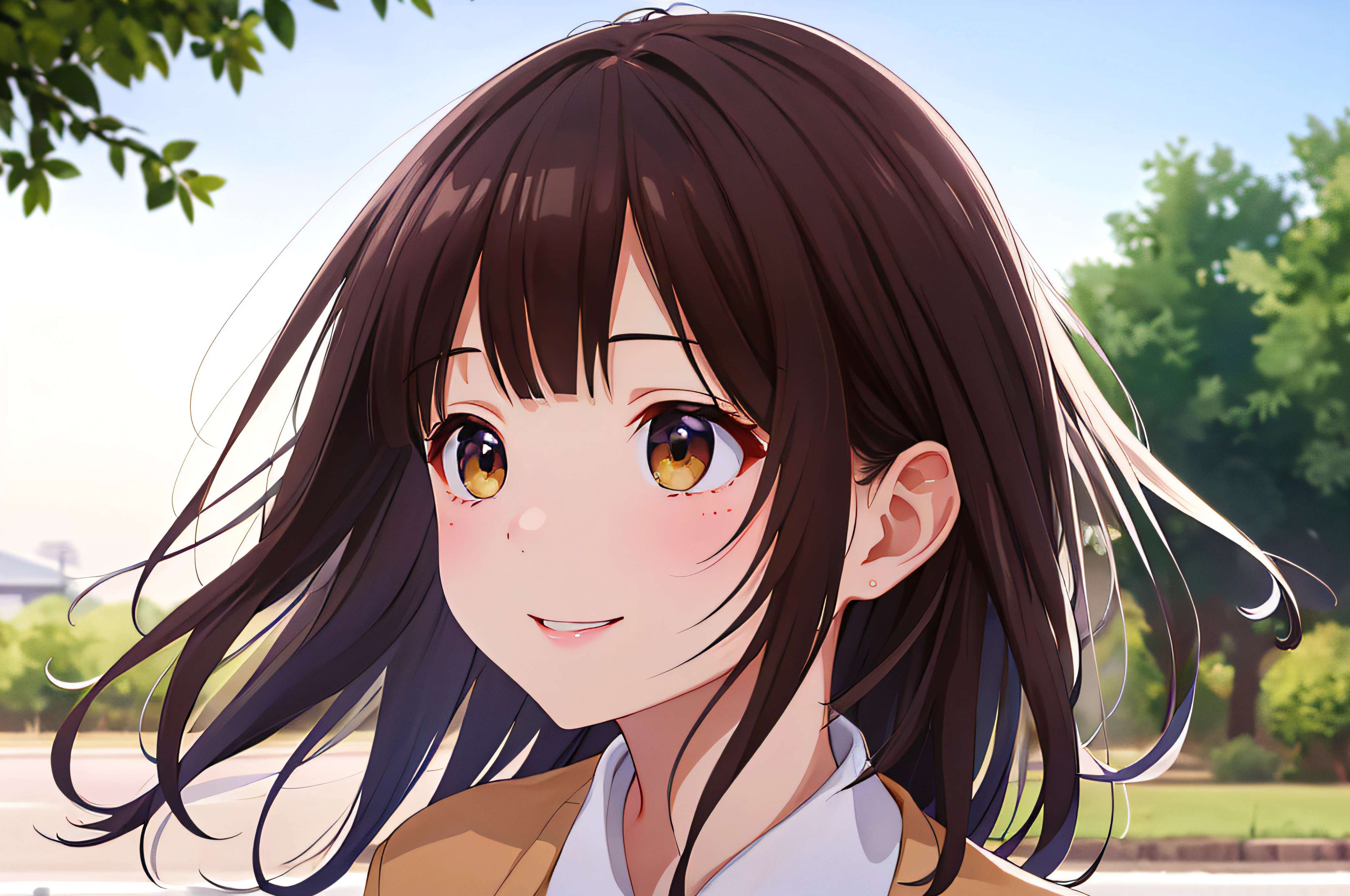 16-year-old woman、soio、profile、Close-up portrait、brown haired、Hair swaying in the wind、background whites、White background、beautidful eyes、real looking skin、A detailed eye、Schoolgirl、(8K、​masterpiece)、(reallistic、Photorealsitic)、top-quality、realisitic、ighly detailed、The ultra-detailliert、Beautie、cute little、独奏、A Japanese Lady、a smile、School uniform、Cardigan、