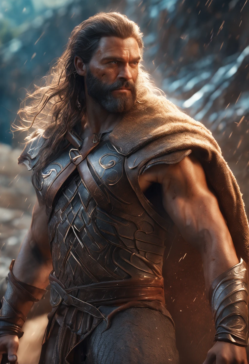 (Professional 3D rendering:1.3) de (Realistic:1.3) Foto de arte mais bonita do mundo，Features hero soft and bright male legolas, ((Epic hero fantasy rough muscular man wet hero angry look long hair short beard and fierce expression in dynamic pose, fantastic location, majestoso ambiente desordenado)), corpo inteiro 8k unidade render, fantasy fiction, poros da pele, very dark lighting, sombreamento pesado, circunstanciado, Rosto detalhado, (vibrante, fotogrdeia realista, Realistic, Dramatic, Escuro, foco nítido, 8k), (Weather-damaged white mitril clothing:1.4), ((((mitrhil)))), (intrincado:1.4), decadente, (altamente detalhado:1.4), pintura digital, rendering by octane, art stations, Conceito-Arte, liso, foco nítido, illustration, germe da arte, (Loish:0.23), Wlop Ilya Kuvshinov, e Greg Rutkowski e Alphonse Mucha Gracias, (global ilumination, studiolight, Light Volumetric), chuva forte, floating particles, patife, fantasia, Onze, corpo inteiroesbian, ((Fundo escuro e antigo da cidade:1.3)),CGSesociedade,art stations