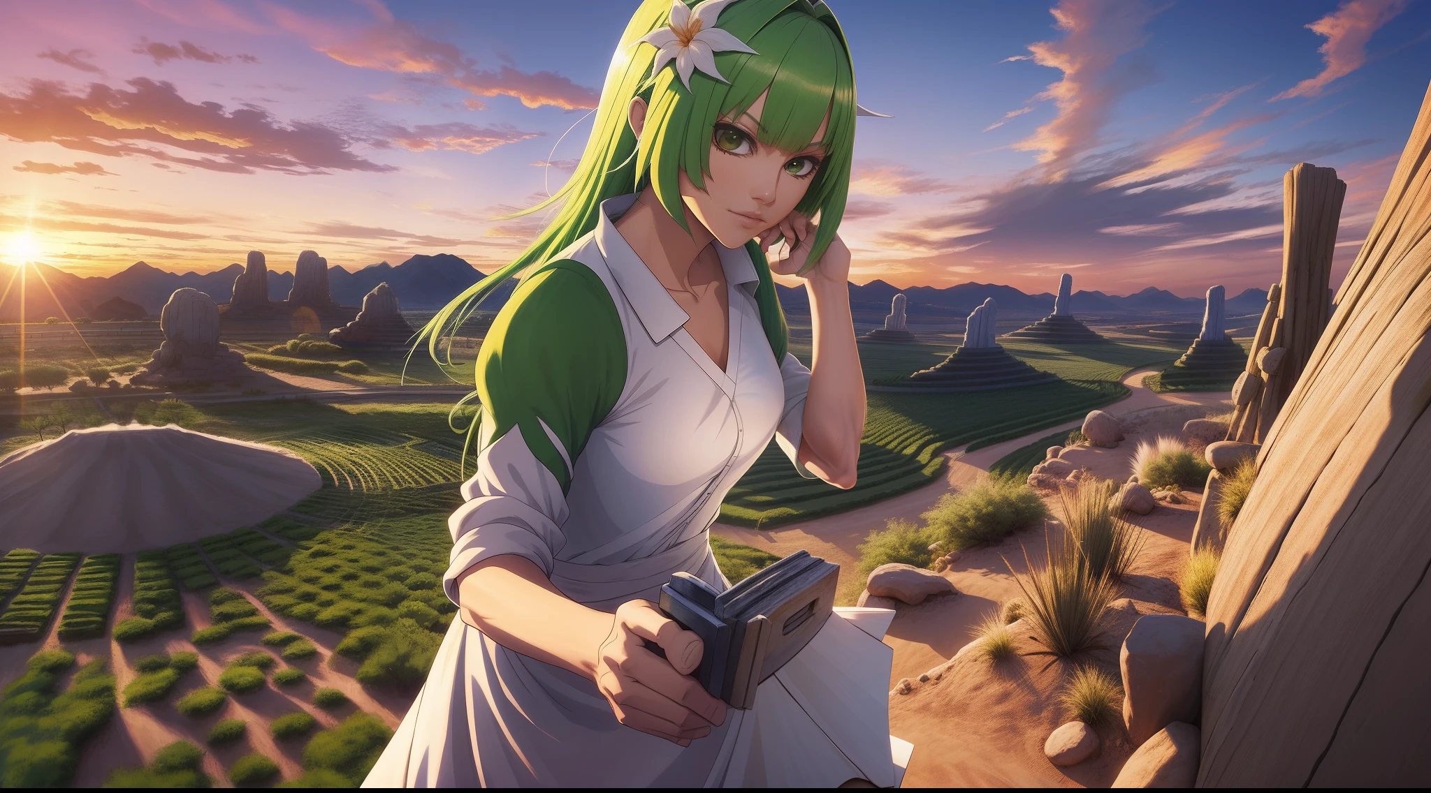 Nelliel Tu Oderschvank and Tier Halibel from Bleach, action pose, sunset, Hueco Mundo landscape, best quality, peaceful, masterpiece