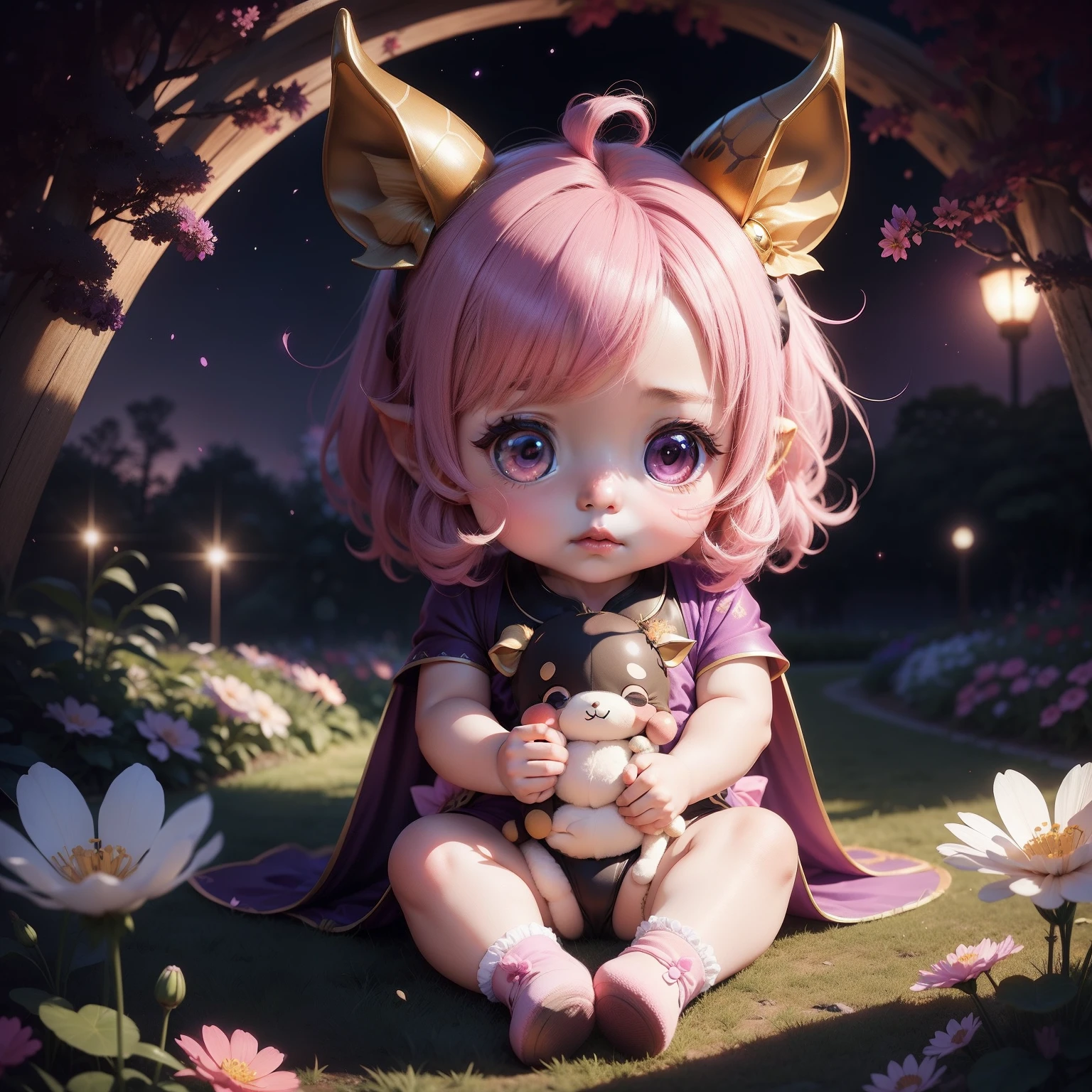 Cute Baby Chibi Anime,Giraffe ears and horns,Dark purple and dark pink cosmos,Saga, Saga ,Kintachi Park Cosmos Garden.