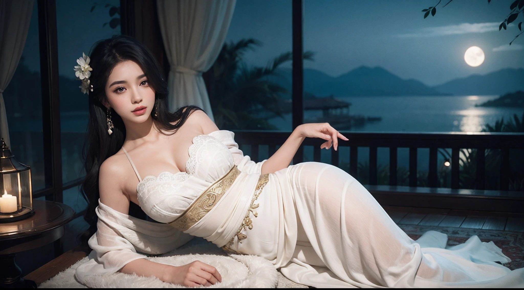 The art depicts a charming woman dressed in a flowing, silky traditional oriental dress, white, decorated with intricate patterns and bright colors. Her dress drapes elegantly over her curvy figure, accentuating her seductive silhouette. She stood gracefully in the quiet moonlit night, bathed in the soft glow of the moonlight. The scene exudes an ethereal and dreamy atmosphere, with a touch of mystery and sexiness. The graphic style blends watercolor and digital illustration techniques to evoke a refined beauty and charm. The lights are filled with soft moonlight, casting soft highlights and shadows on her charming features.