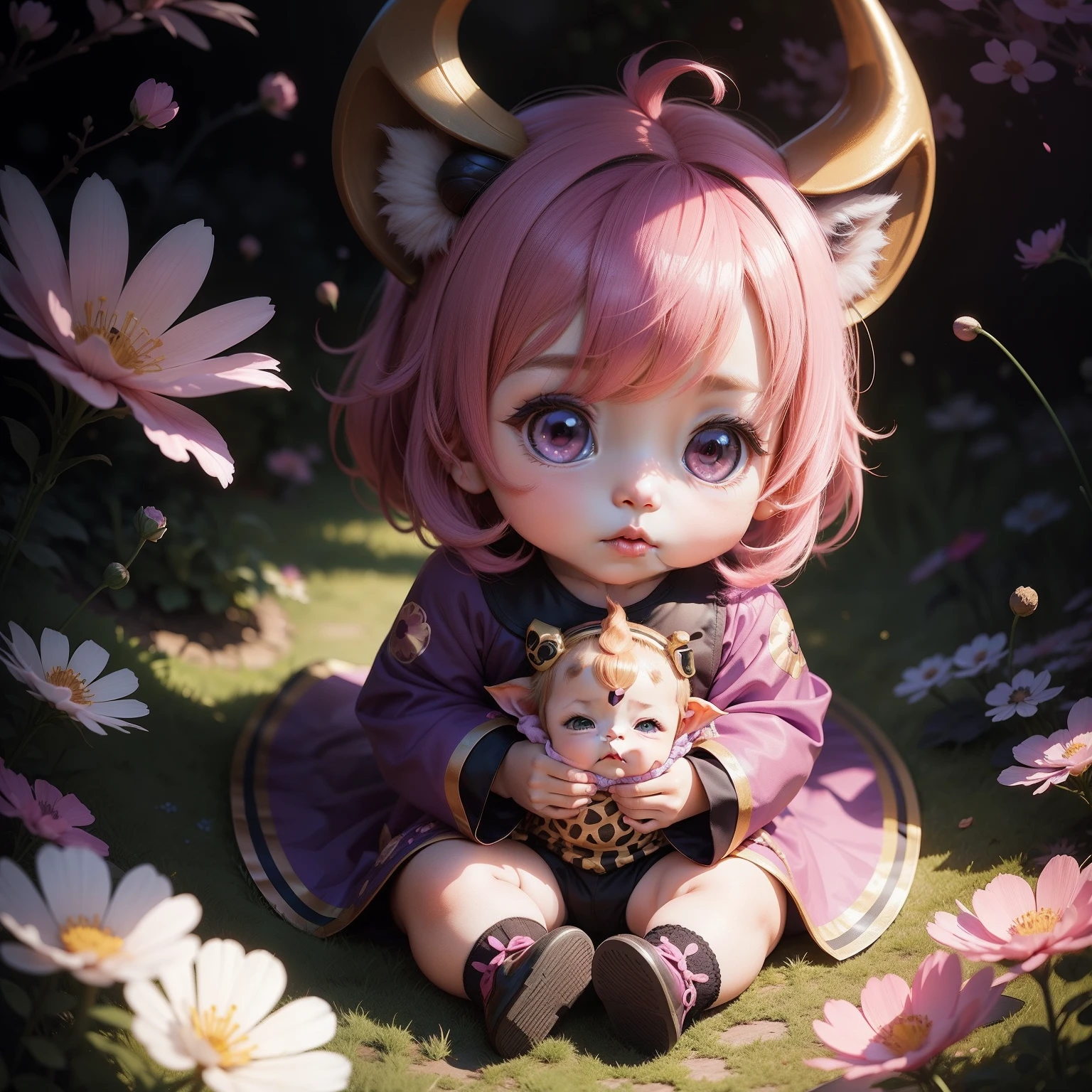 Cute Baby Chibi Anime,Giraffe ears and horns,Dark purple and dark pink cosmos,Saga, Saga ,Kintachi Park Cosmos Garden.