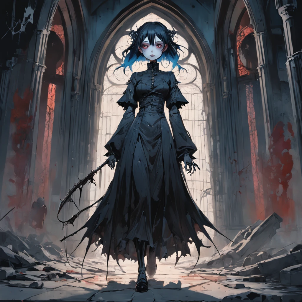 medium shot, Full dress, 1womanl, Solo, Walking through the Citadel, Looking at Viewer. Gothic. neo gothic. Splatter. In the style of Adrian Geny, by Esao Andrews, Jenny Saville, Edward Hopper, surrealism, Dark Art by James Jean, Takato Yamamoto, Minimalism of ink punk. in style of tim burton. In the style of the corpse bride.