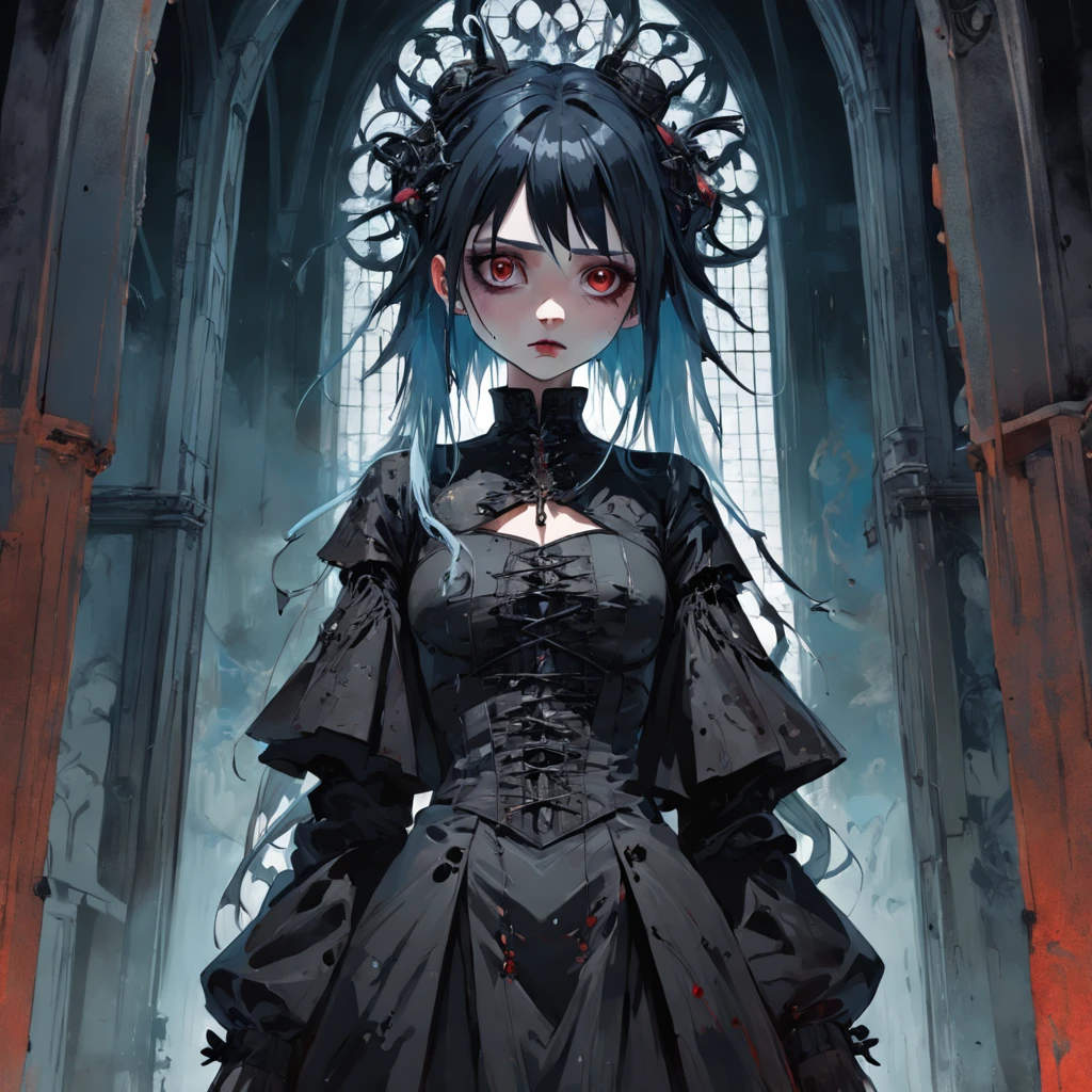 medium shot, Full dress, 1womanl, Solo, Walking through the Citadel, Looking at Viewer. Gothic. neo gothic. Splatter. In the style of Adrian Geny, by Esao Andrews, Jenny Saville, Edward Hopper, surrealism, Dark Art by James Jean, Takato Yamamoto, Minimalism of ink punk. in style of tim burton. In the style of the corpse bride.