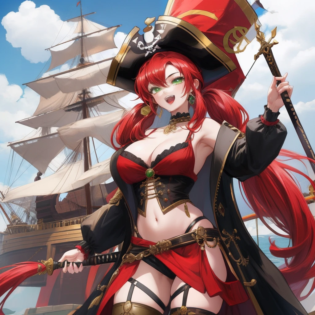 Full body shot, Female asian Irina Shidrou red hair twintails green eyes, in a pirate ship, wearing a pirate outfit and pirate hat and diamond earrings and golden choker, open mouth, happy, holding a sword, frontal shot, side profile shot, rear shot, back shot, behind shot, full body shot, masterpiece, highly detailed, high definition, high resolution,