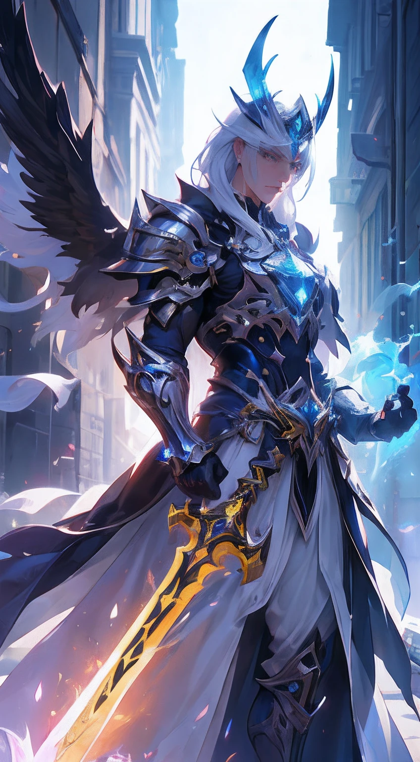 "Um paladino impressionante empunha uma espada cheia de luz, Exala poderosa magia de luz. Espala Luminosa,  The setting takes place in a dark and mysterious cityscape, Iluminado pela luz da Espada gigante do Paladino. The composition is professionally crafted, Incredible attention to detail and cinematic lighting. The overall aesthetic is reminiscent of Fujifilm photography, Capture a beleza e a profundidade da cena."