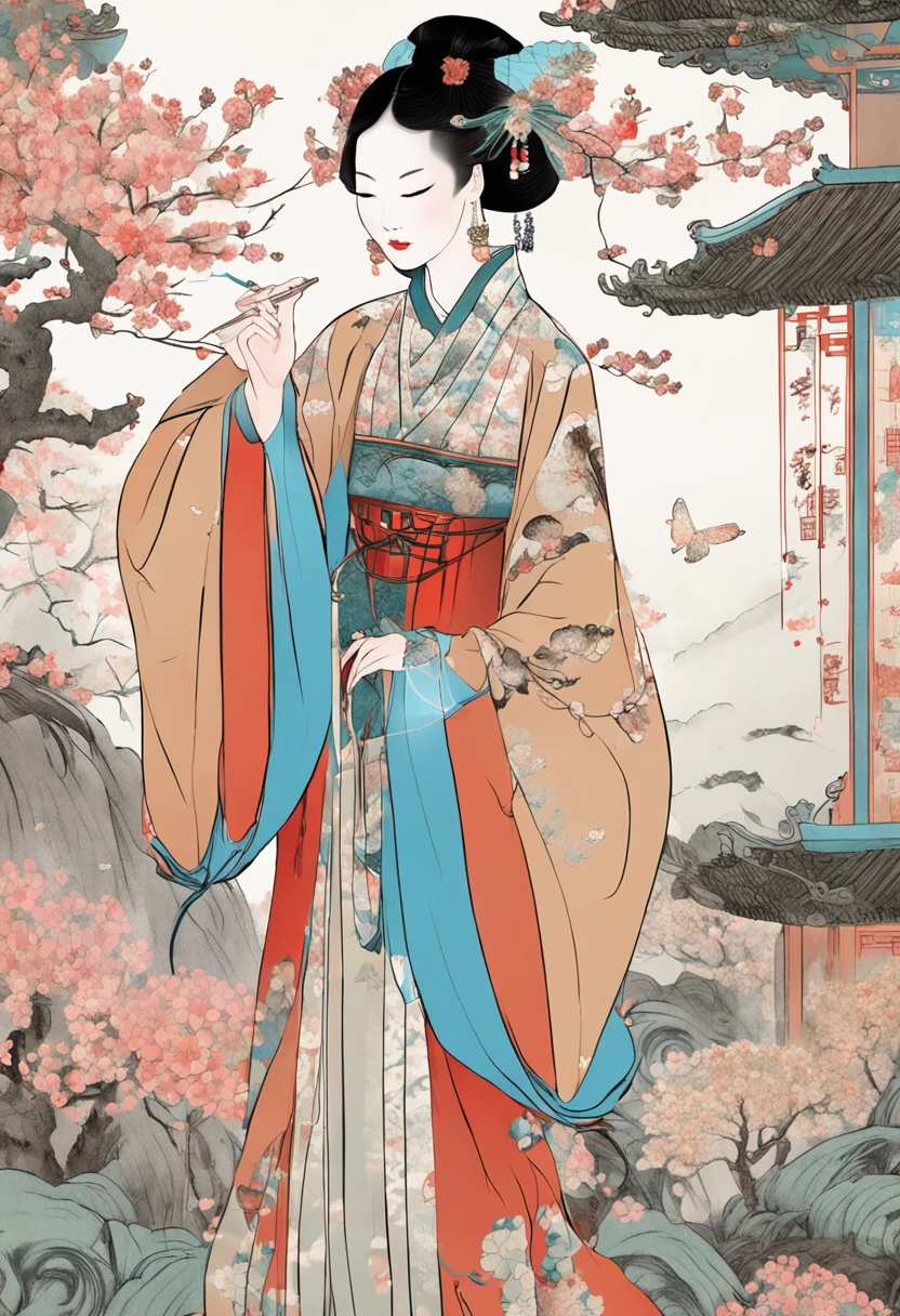 Chinese antique beauty Close-up of the front face。The hairpin swayed，Chase butterflies under the pavilion in Chinese Song Dynasty silk costume with patterned background，There are a lot of peony flowers in the yard，Delicate face Details close-up，Fantasy art，Oriental Aesthetics Traditional Chinese painting，animation aesthetics，k hd