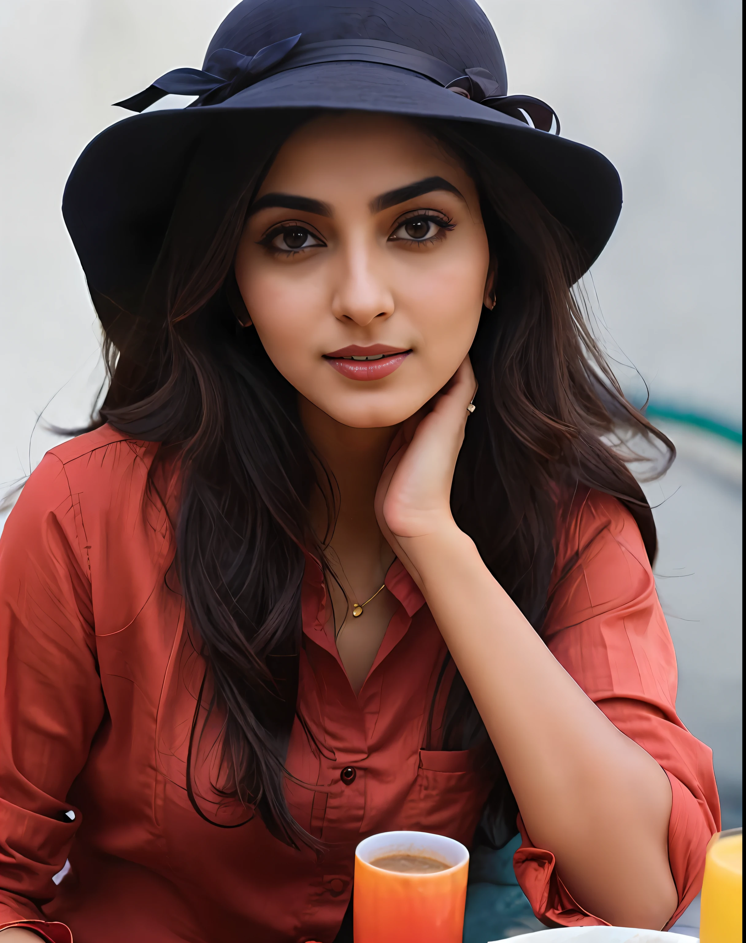 Indian woman in a yellow shirt and red hat sitting at a table, cute beautiful, cute woman, beautiful cute, beautiful image, maya ali, pretty face!!, cute girl, maya ali wind sorcerer, actress, attractive girl, beautiful model, beautiful look, very extremely beautiful, beautiful, profile pic, stylish pose, handsome girl, maya ali mage