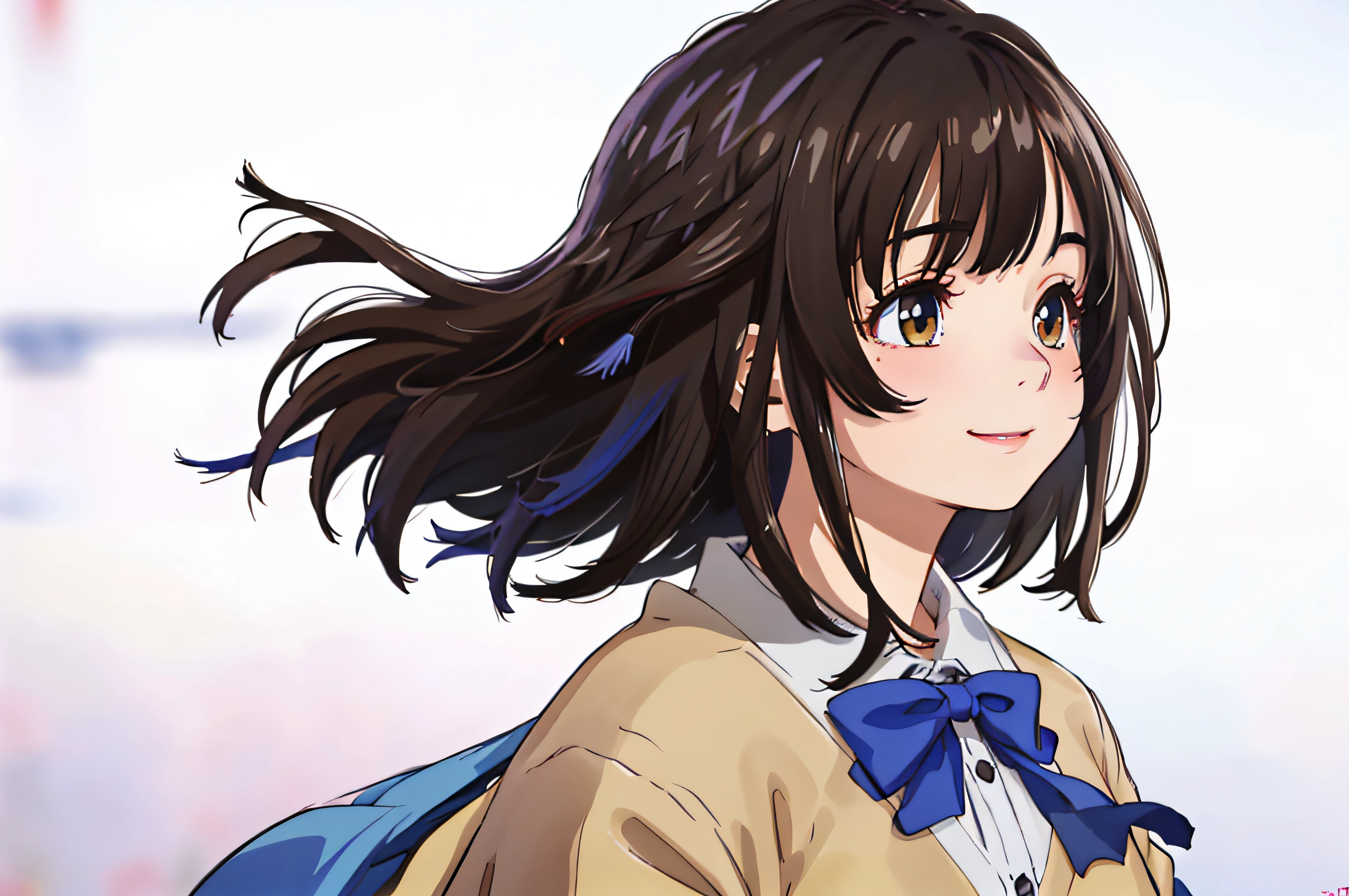 16-year-old woman、soio、profile、Close-up portrait、brown haired、Hair swaying in the wind、background whites、White background、beautidful eyes、real looking skin、A detailed eye、Schoolgirl、(8K、​masterpiece)、(reallistic、Photorealsitic)、top-quality、realisitic、ighly detailed、The ultra-detailliert、Beautie、cute little、独奏、A Japanese Lady、a smile、School uniform、Cardigan、