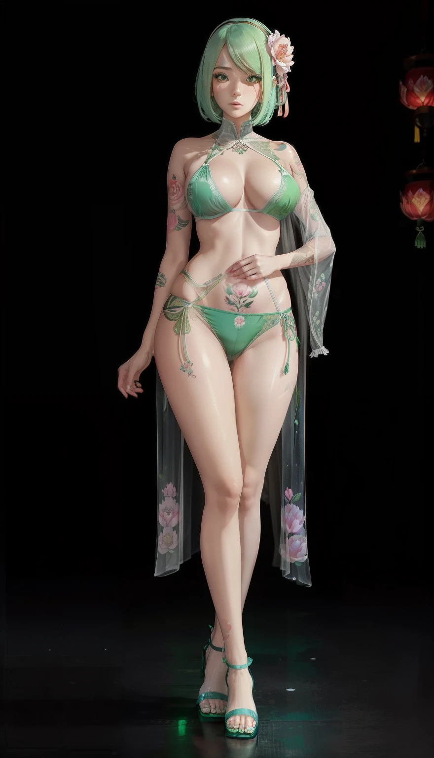 White giant breasted daughter♀,On the chest there is a large tattoo of a fluorescent green peony flower,The clothes are ultra-thin and ultra-transparent,Full body bathing,Long legs,Ribbon leg loops are wrapped around the calf,Blue crystal sandals,Fluorescent reddish-green hair,Long hair,Single horsetail,full bodyesbian,Face straight ahead,Open crotch clothing,The chest is extra-large,Raised F cups,Good facial features,beautifulface,nakeness,The top cloth strip is bare,The big belly is tattooed with a fluorescent red peony flower,Obscene lines, Moisturizes and flows milk,A MILF